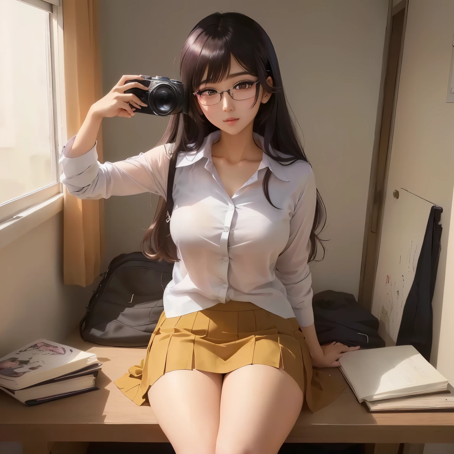 Arabian asian woman wearing skirt and shirt taking a photo, a Surreal , Surreal , Attractive anime girl, Photorealistic Animation, Real life anime girls, realistic Young Anime Girl, Beautiful Anime Girls, Beautiful anime school girl, Cute Anime Girl, Realistic young gravure idol, Smooth anime CG art, Young Anime Girl,Red-rimmed glasses,Light blue skirt,Outdoor,A see-through shirt