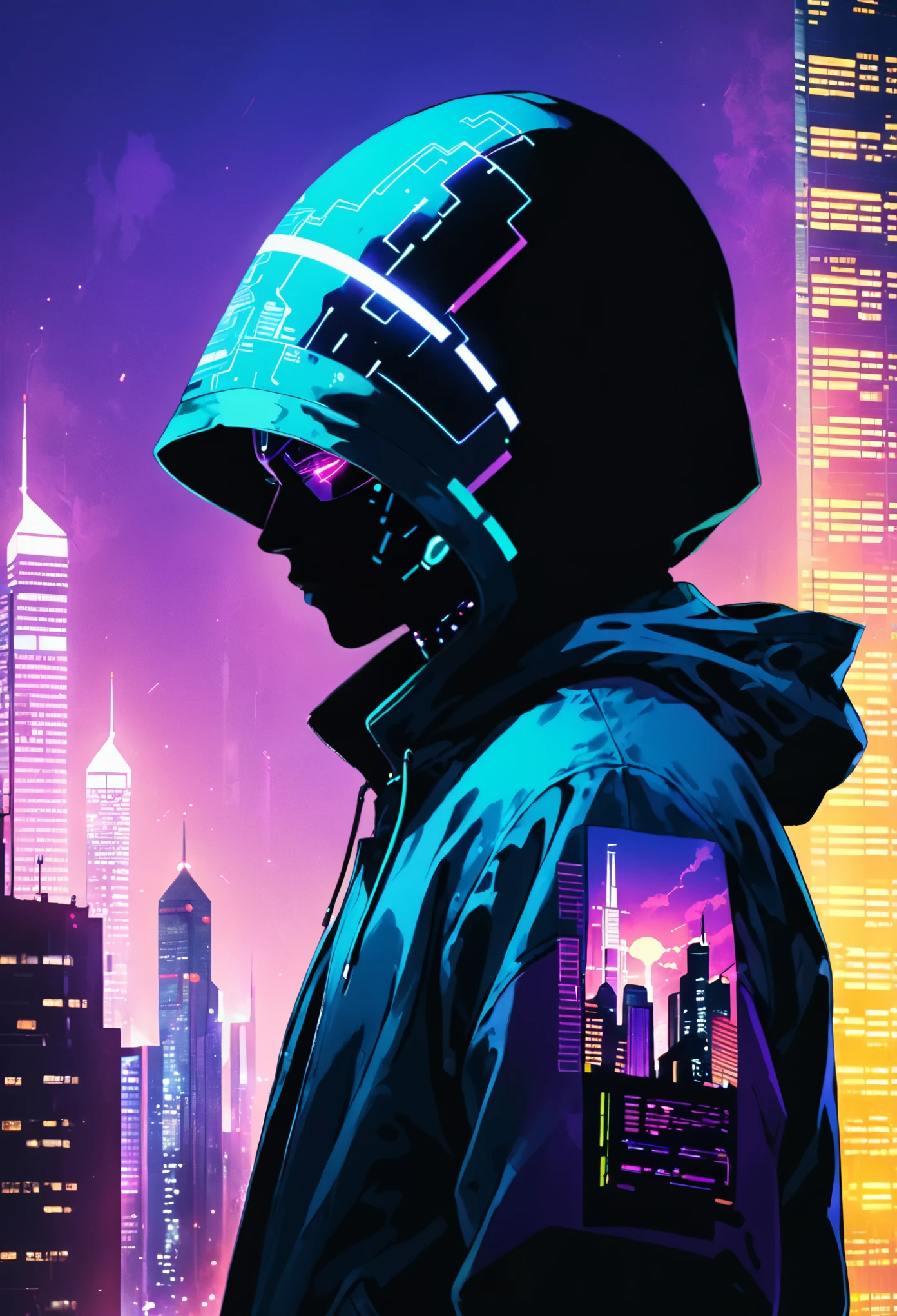 (bright cityscape pattern on clothes:2.4),(wide hood:1.4),(hood worn:3.1),solo,jacket,glowing,hooded jacket,((((((tall cyber building background:2.2)))))),(from side:1.5),black hair,1girl,(vivid glow print on hood:1.8),(blue-purple gradient hooded jacket:1.7),building,looking at viewer,upper body,closed mouth,long sleeves,bangs,outdoors,purple eyes,city,science fiction,profile,multicolored hair,cyberpunk,signature,glowing eyes,sky,urban motif on the hood,vivid color,cyberpunk style,double exposure,(silhouette face:1.5),night,glowing neon,(looking_away:1.2),(don't look at the audience:1.1),