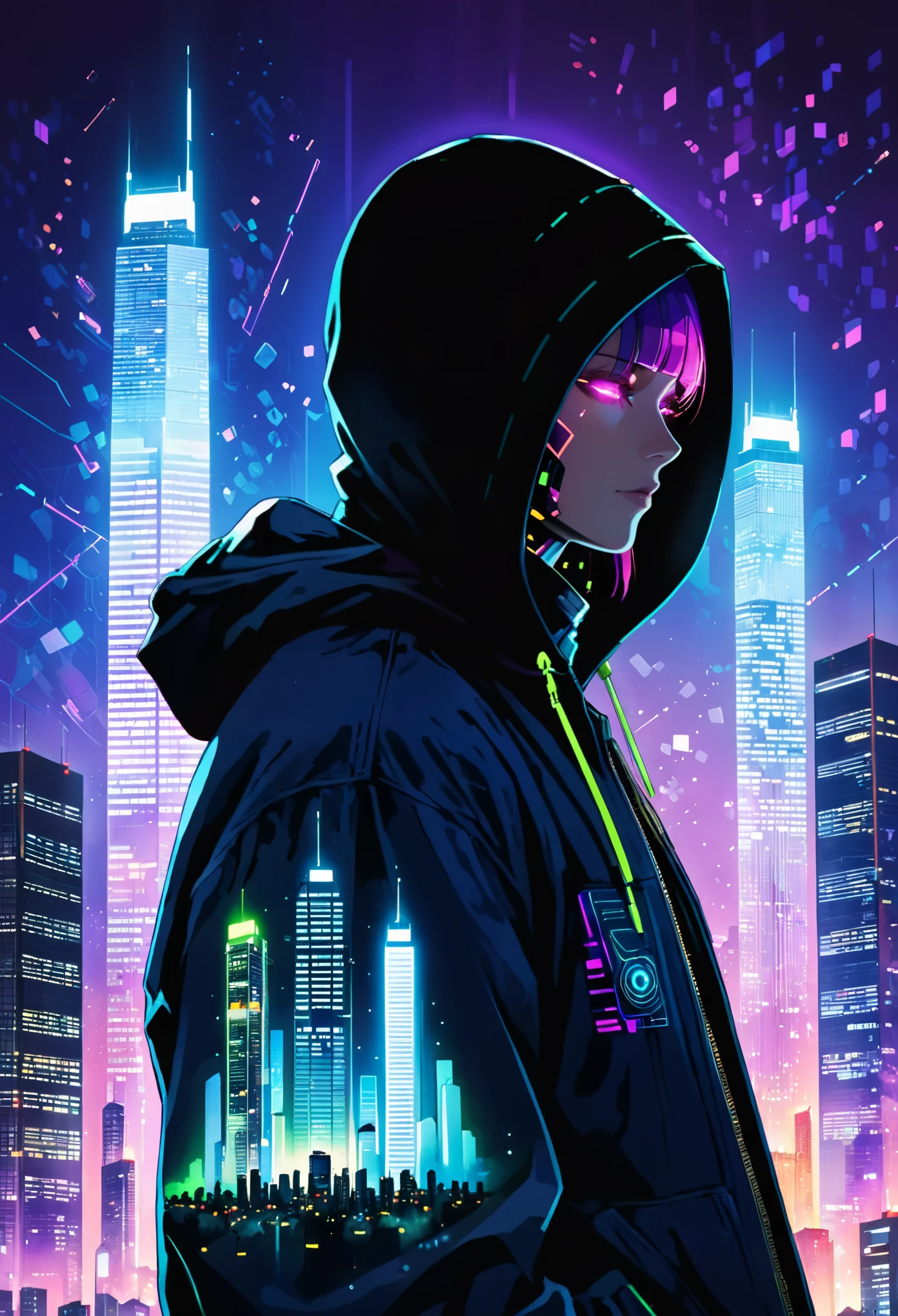 (bright cityscape pattern on clothes:2.4),(wide hood:1.4),(hood worn:3.1),solo,jacket,glowing,hooded jacket,((((((tall cyber building background:2.2)))))),(from side:1.5),black hair,1girl,(vivid glow print on hood:1.8),(blue-purple gradient hooded jacket:1.7),building,looking at viewer,upper body,closed mouth,long sleeves,bangs,outdoors,purple eyes,city,science fiction,profile,multicolored hair,cyberpunk,signature,glowing eyes,sky,urban motif on the hood,vivid color,cyberpunk style,double exposure,(silhouette face:1.5),night,glowing neon,(looking_away:1.2),(don't look at the audience:1.1),