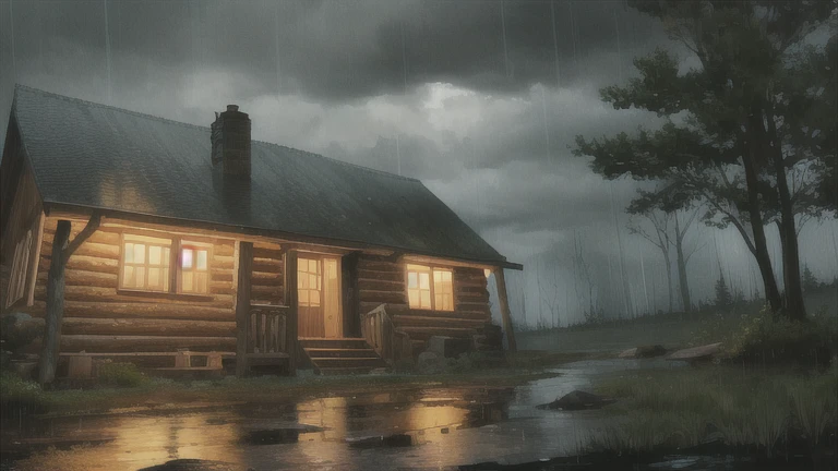 a forest with a very cozy cabin a very rainy night a lot of rain, sky with clouds, dark sky lo fi