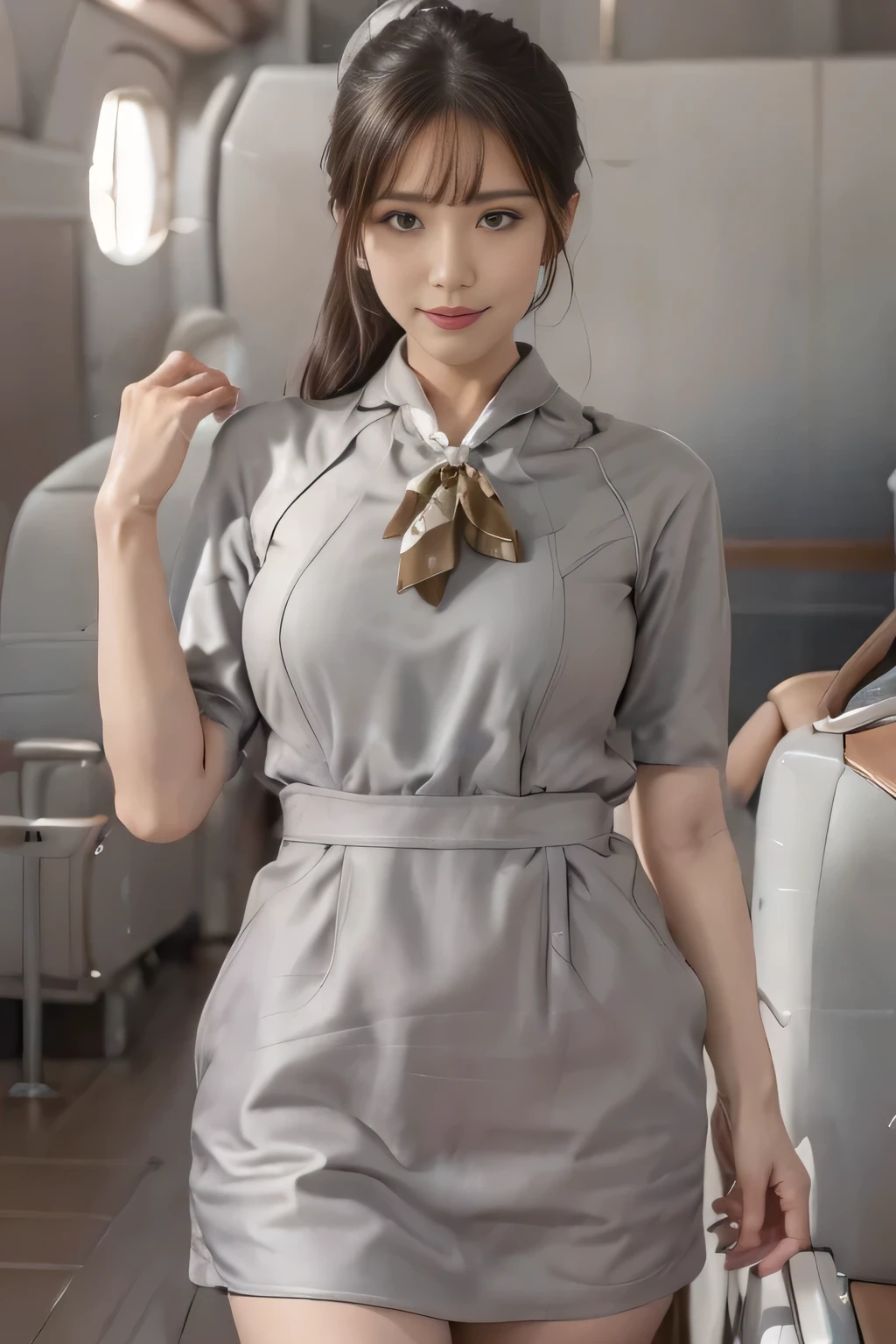 Starlux Airlines silver short sleeve uniform、Starlux Airlines silver uniform skirt that reaches below the knee、Thin legs、Beautiful standing posture、turn right hand down