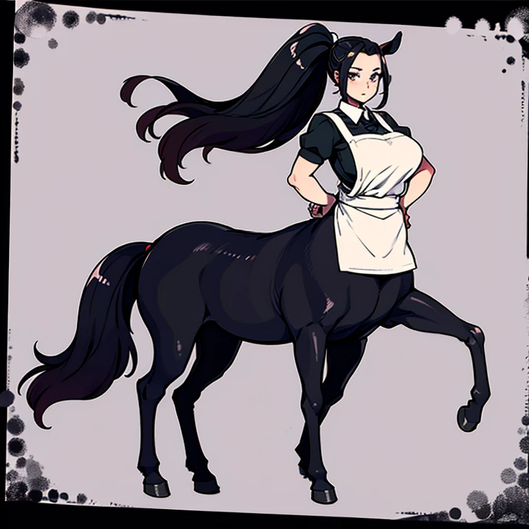 Centaur Woman.
Her image color is black..
Wearing a numbered bib.
Her hairstyle exposes her forehead.
A female rider is riding on his back.