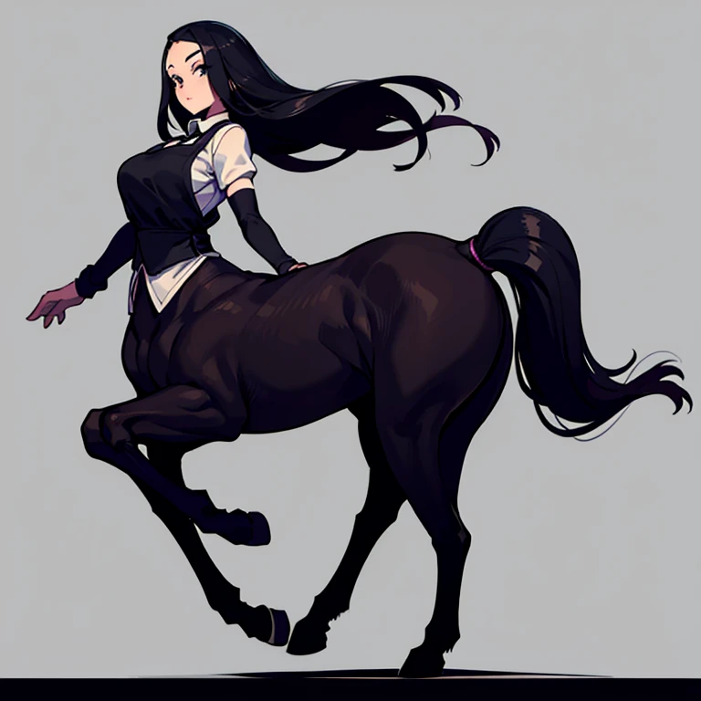 Centaur Woman.
Her image color is black..
Wearing a numbered bib.
Her hairstyle exposes her forehead.
A female rider is riding on his back.