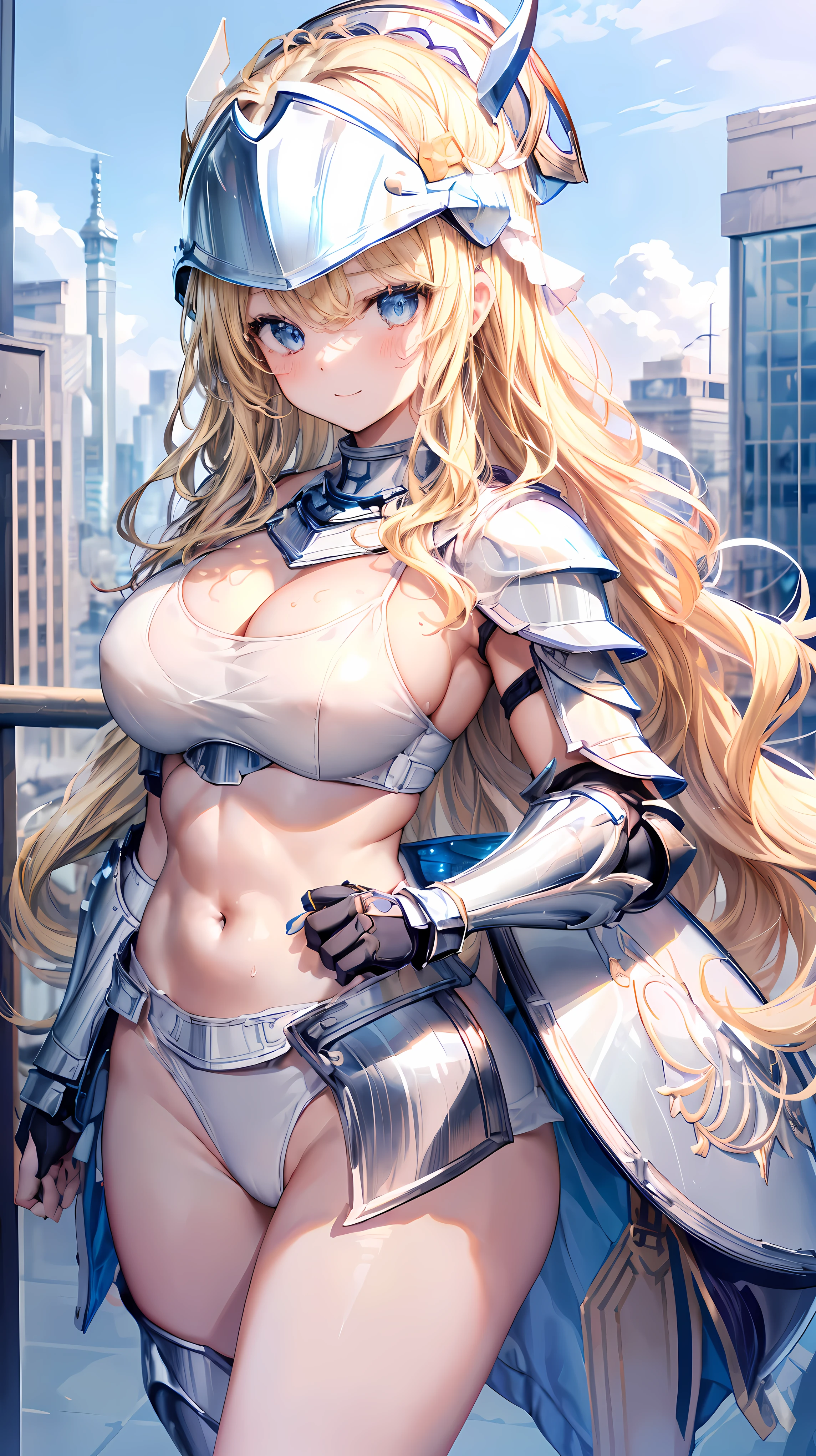 Adult women、Very detailed、highest quality、Best image quality、masterpiece、8k、Anime Face、A kind smile、Open your mouth、Sparkling blue eyes、(Blonde Wavy Hair:1.5)、、Muscles of the whole body、camisole、Thigh belt、mini skirt、(Wearing white bikini armor:1.5)、(Cowboy Shot:1.5)、(Leg armor:1.5)、(Wearing a helmet:1.5)