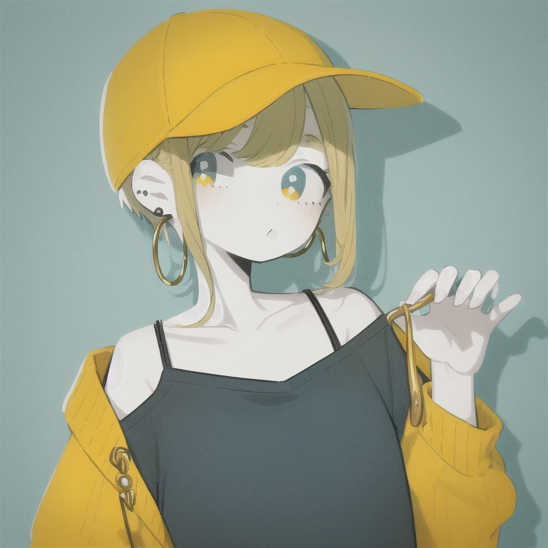 masterpiece, highest quality, One girl, Aqua Eye, Yellow Baseball Cap, Blonde, Earrings, Blue background, Have, hoop Earrings, jewelry, View your viewers, Black Shirt, short hair, Simple Background, alone, Upper Body,Yellow Sweater
