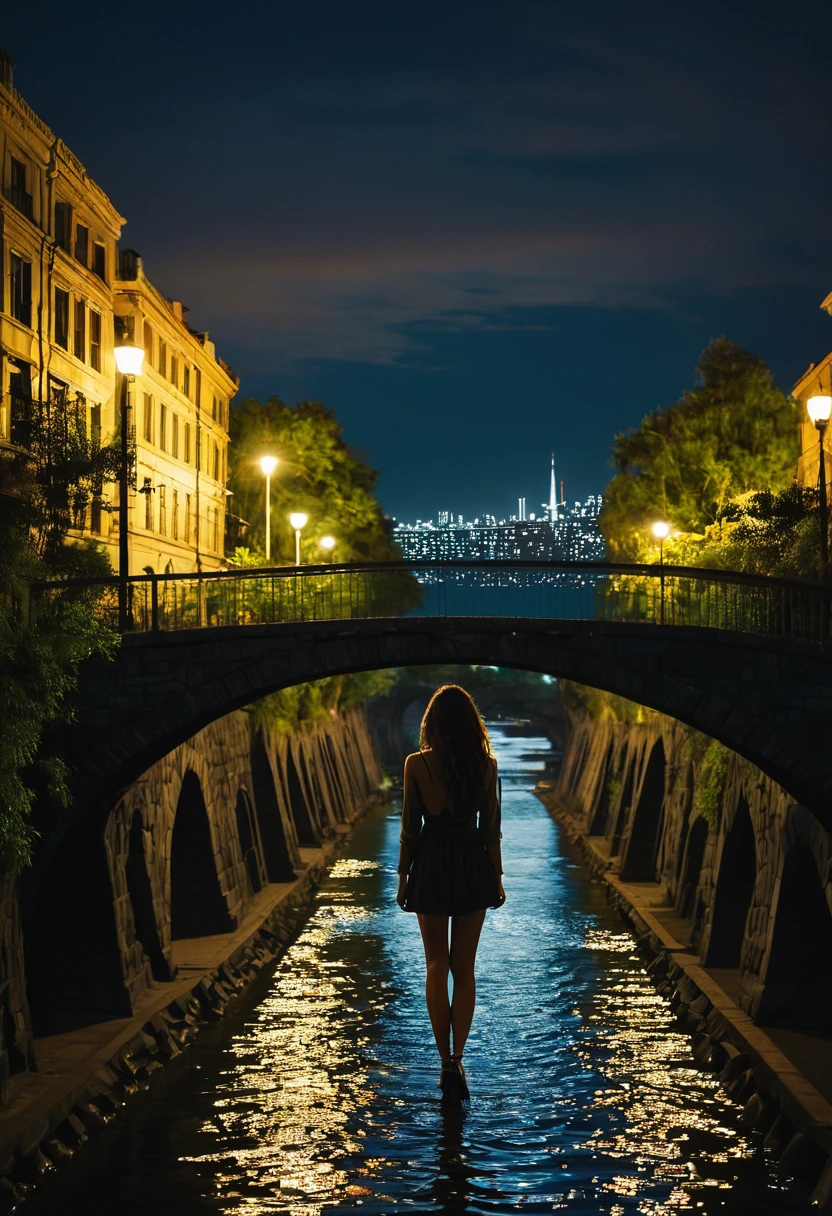 Paisaje de ciudad oscura con una chica en un puente 
