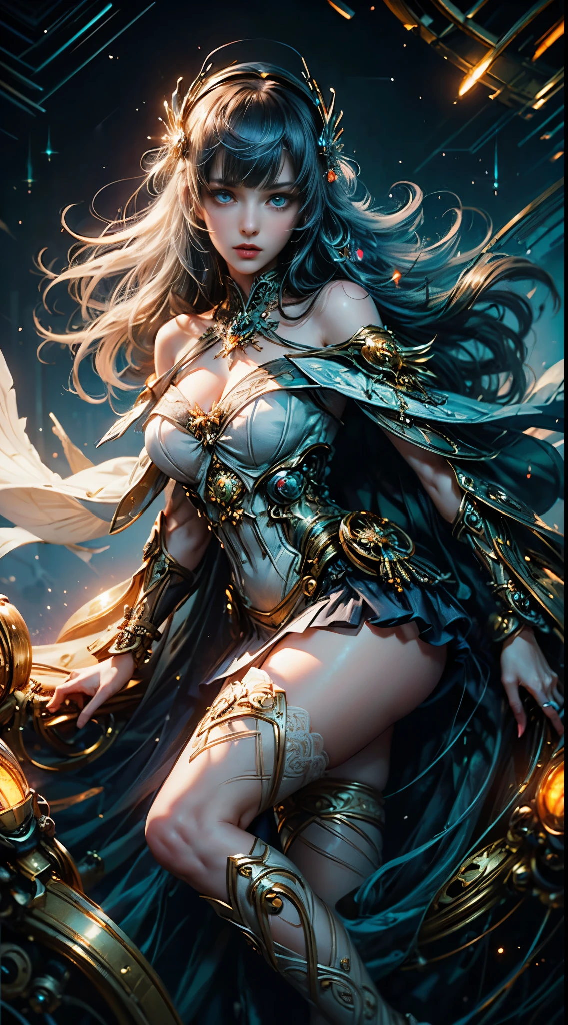 Wizard girl. Very pretty 14 years old,
(((masterpiece, best quality, raw photo, photorealistic, depth of field, ultra detailed, detailed face, very precise eyes))), Dynamic Action Pose, Invoke Magic, Mechanical Magic Weapons, very slender long legs, lace stockings on the knee, steampunk headgear, fluttering lace flared white mini skirt, off-shoulder white fashion with a fusion of detailed and intricate steampunk and detailed white gothic lolita, (((Very slender body, long, thin limbs))), upward and beautiful small breasts, (((Thick bangs))), (((princess cut))), Clean long white hair, long vertical curly hair, wind driven, futuristic complex steampunk factory background, infinite dark universe, flying celestial bodies, countless celestial neon lights raining down from the heavens, cinematic lighting decoration.