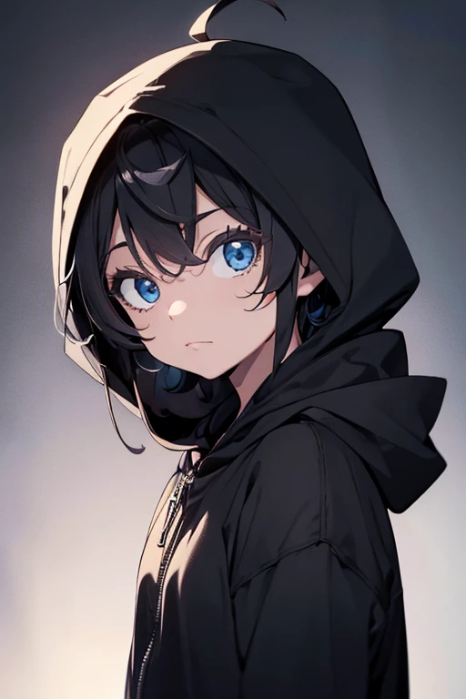 obra-prima, melhor qualidade, alta qualidade, 1boy, solo, foco masculino, olhando para o espectador, parte superior do corpo, wearing a black hood, he is hooded, Messy hair