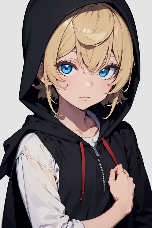 obra-prima, melhor qualidade, alta qualidade, 1boy, solo, foco masculino, olhando para o espectador, parte superior do corpo, wearing a black hood, he is hooded, Messy hair