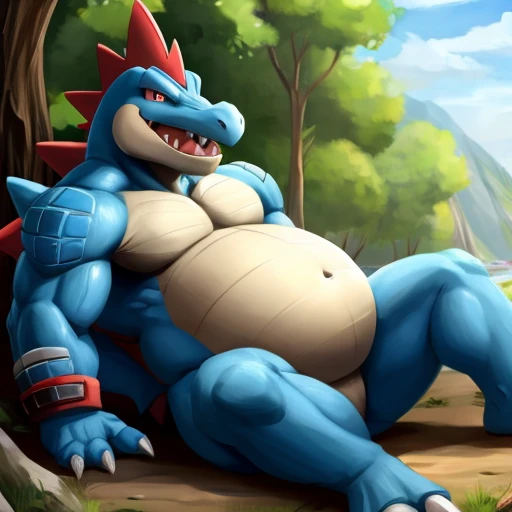 Pokemon Feraligatr, rape face, reclining, big belly, out of shape, 