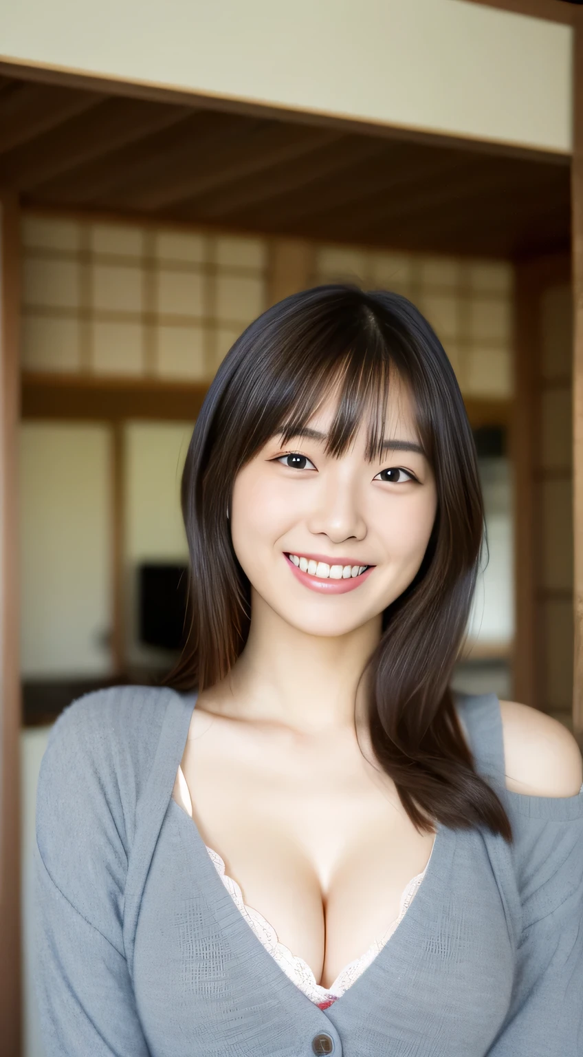 masterpiece,best quality,(Japanese ),((Beautiful girl)),cleavage,indoor,(perfect body beauty:1.2),(shy smile),beautiful teeth,