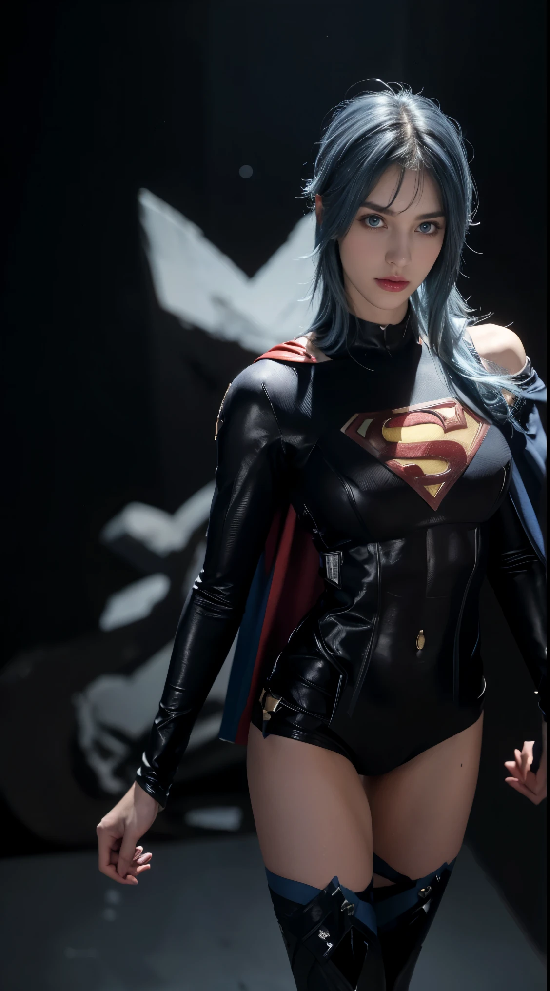 8K, Top Quality, Intricate Details, Ultra Detail, Ultra High Resolution, Masterpiece, close up shot, (full body: 1.1), Slender, Smile, (Makeup: 0.4), (Fluffy Blue Eyes: 1.21), (()), 1girl, solo, 1 girl, ((blue hair, bangs)), close up shot, , ((tall)), (((fit body))), (((slim face))), sharp face, (()) ,(detailed face), sharp face, small lips, , , ,
((, )), , ((superman)), detailed face, , Narrow Waist, Skinny, tall , 175 cm tall, Muscular, Navel, Exposed Abdomen, Pointed Chest,, Beautiful girl with accentuated slender abs: 1.4, Six Pack Abs: 1.4, Bust Botox, Big, Perfect Body, detail leg, (( dark background)), black background,