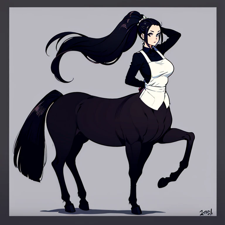 Centaur Woman.
Her image color is black..
Wearing a numbered bib.
Her hairstyle exposes her forehead.
A female rider is riding on his back.