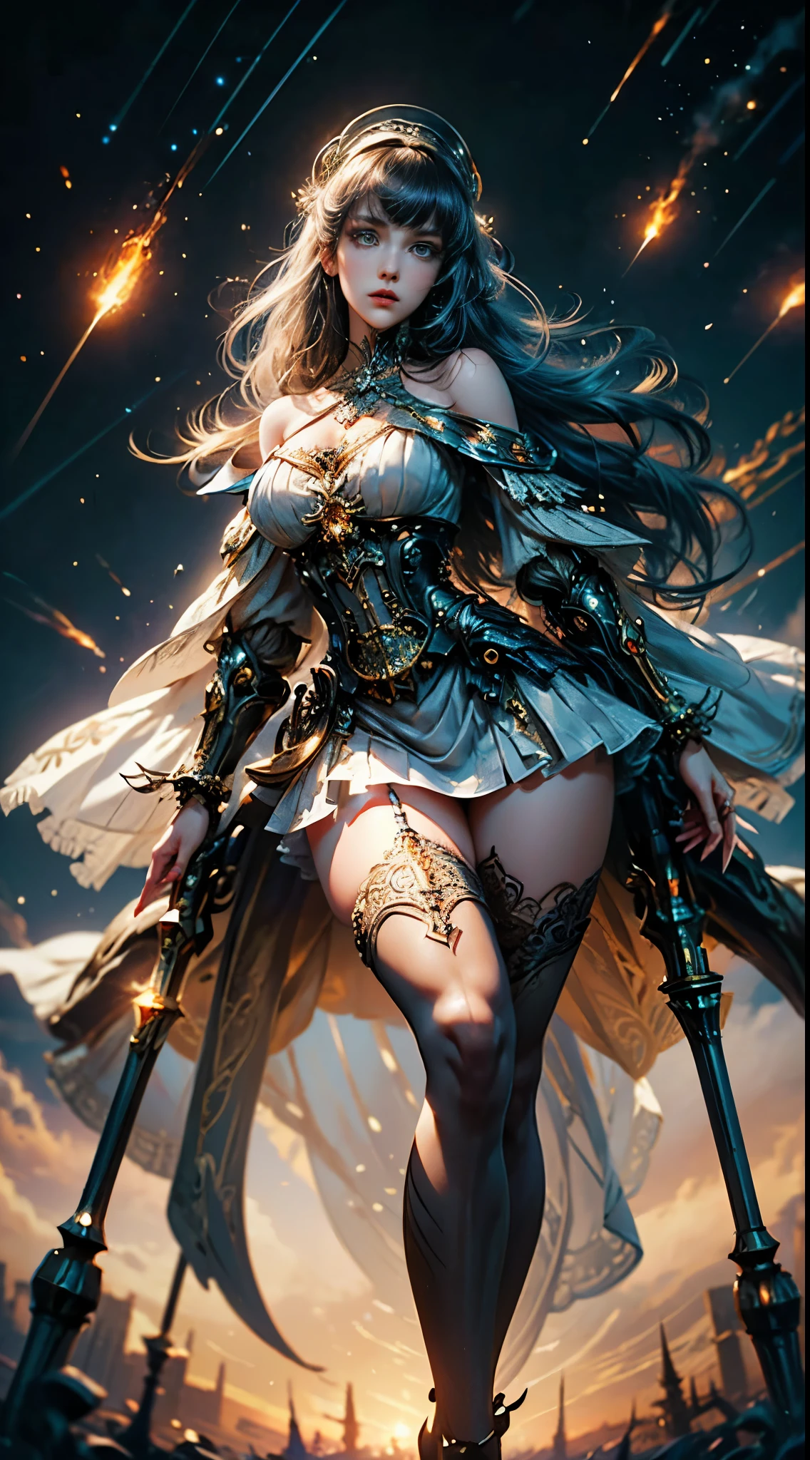 Wizard girl. Very pretty ,
(((masterpiece, best quality, raw photo, photorealistic, depth of field, ultra detailed, detailed face, very precise eyes))), Dynamic Action Pose, Invoke Magic, Mechanical Magic Weapons, very slender long legs, lace stockings on the knee, steampunk headgear, fluttering lace flared white mini skirt, off-shoulder white fashion with a fusion of detailed and intricate steampunk and detailed white gothic lolita, (((Vslender body, long, thin limbs))), upward and beautiful small breasts, (((Thick bangs))), (((princess cut))), Clean long white hair, long vertical curly hair, wind driven, futuristic complex steampunk factory background, infinite dark universe, flying celestial bodies, countless celestial neon lights raining down from the heavens, cinematic lighting decoration.