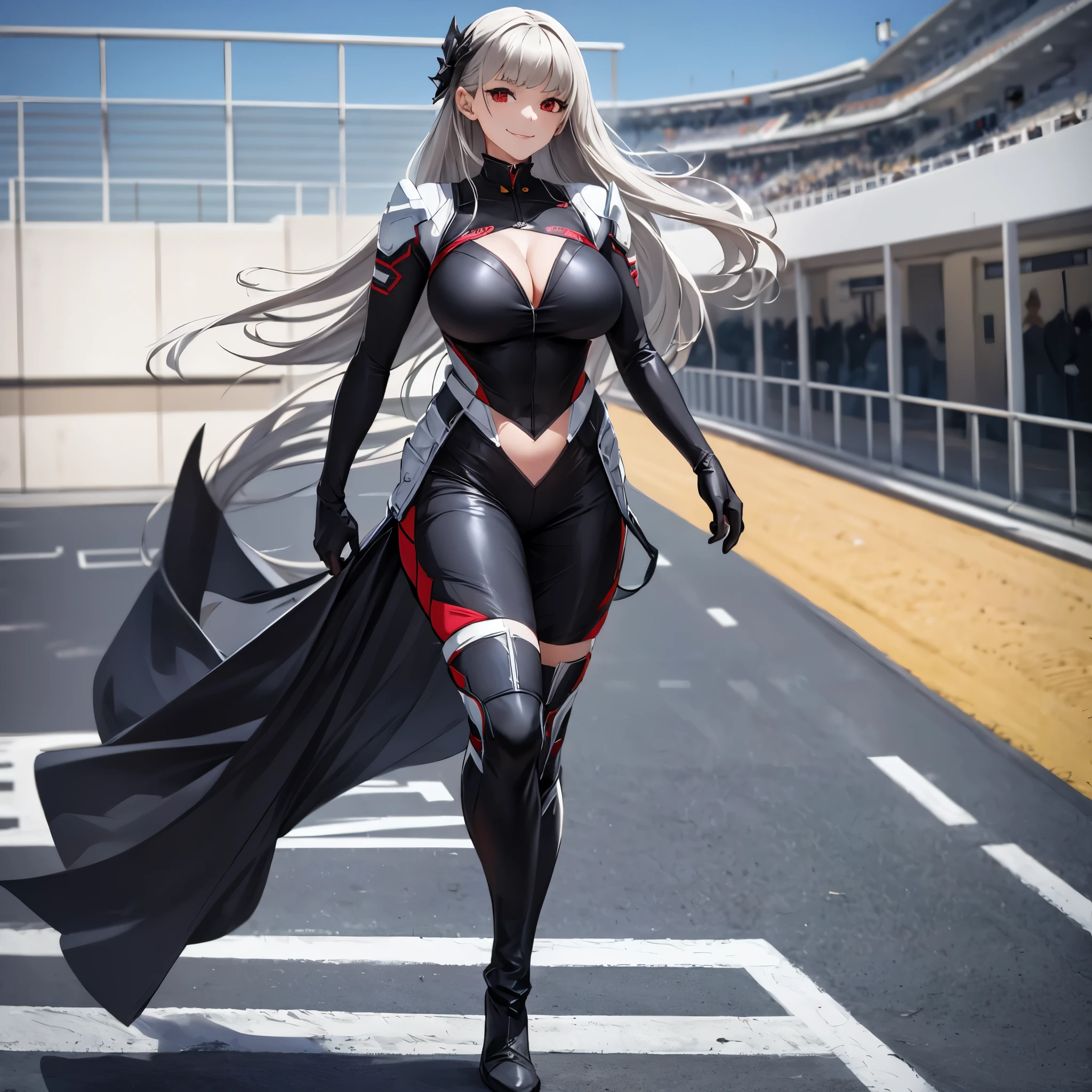 A woman wearing a gray and black race queen outfit, black boots, long gray hair, loose hair, red eyes, smiling, big breasts, immeasurable quality, walking on a racetrack during the day ,(woman solo), HDR, ultra resolution, sharp, masterpiece, 8K HD
