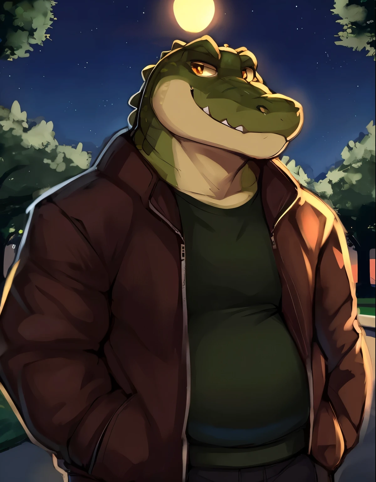 by zackary911, alligator , amber eyes ,clothed, standing, park, manly, looking at viewer, plump ,close up, solo, portrait , casual wear, night, chubby, jacket, smiling