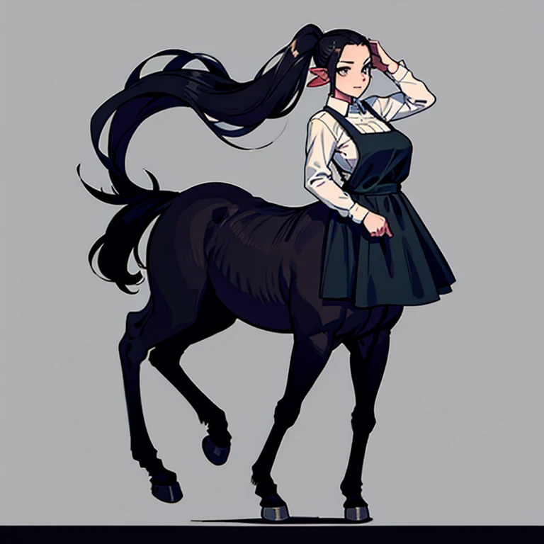 Centaur Woman.
 Her image color is black..
 Wearing a numbered bib.
 Her hairstyle exposes her forehead.
 A female rider is riding on his back.