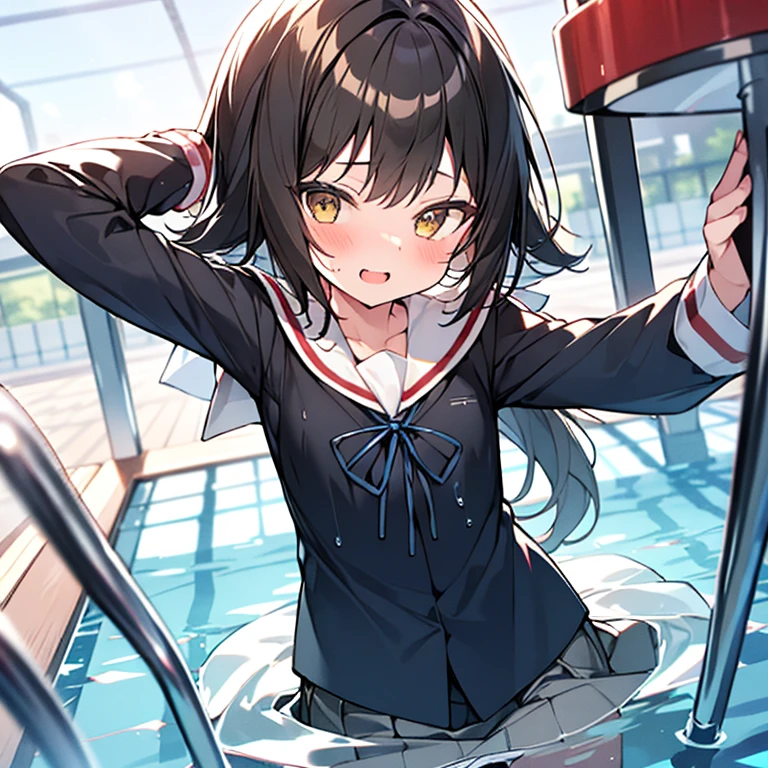 1 girl、mashiromitsumine, mashiro mitsumine, (Brown eyes:1.5), Brown Hair, ponytail, (Flat Chest:1.2), break grey skirt, Long sleeve, neck ribbon, (red ribbon), ribbon, Sailor collar, skirt, white Sailor collar, (Blue Shirt:1.5), break looking at viewer, (whole body), break indoors, School swimming pool, (Lots of water)、Wet、(((skirtを引っ張る)))、skirtが水面に広がります、(Completely flooded)、whole bodyが水に浸かる、((Transparent pool))、swim、break (masterpiece:1.2), highest quality, High resolution, unity 8k wallpaper, (shape:0.8), Highly detailed face, Perfect lighting, Highly detailed CG、(Panty flashing)、(skirt全開)、ロングワイドskirt、cute、blush、Watery eye