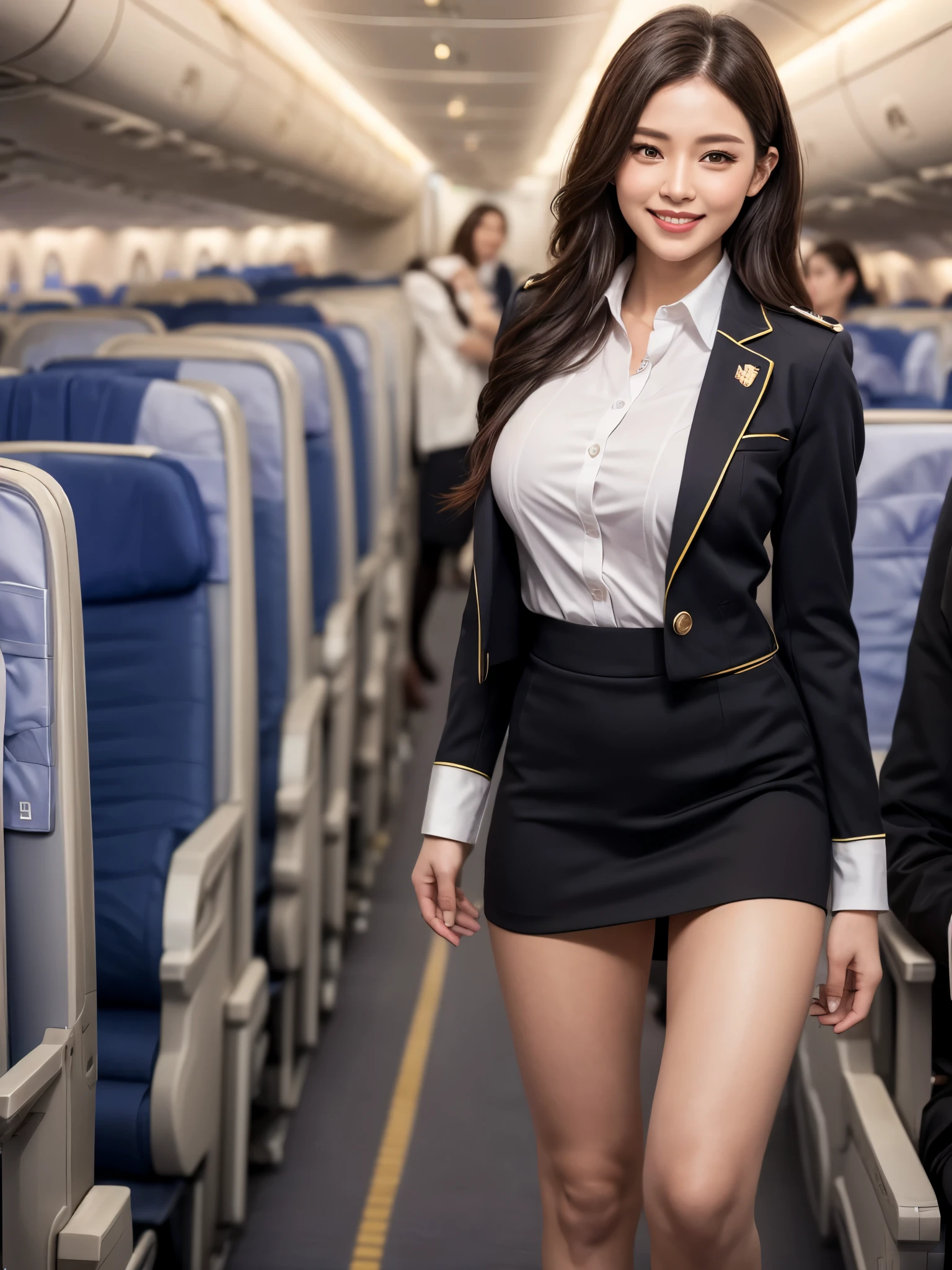 1womanl, 40 years、hyperdetailed face、Detailed lips、A detailed eye、double eyelid、(Black bob hair、Smiling while walking gracefully down the aisle)、(Stewardess uniform:1.2)、(Glamorous body)、(Colossal tits)、thighs thighs thighs thighs, Perfect fit, Perfect image realism, Background with: (Business Class aisle on airplanes:1.2), Cowboy Shot, Meticulous background, detailed costume, Perfect litthing、Hyper-Realism、(Photorealsitic:1.4)、8K maximum resolution, (​masterpiece), ighly detailed, Professional