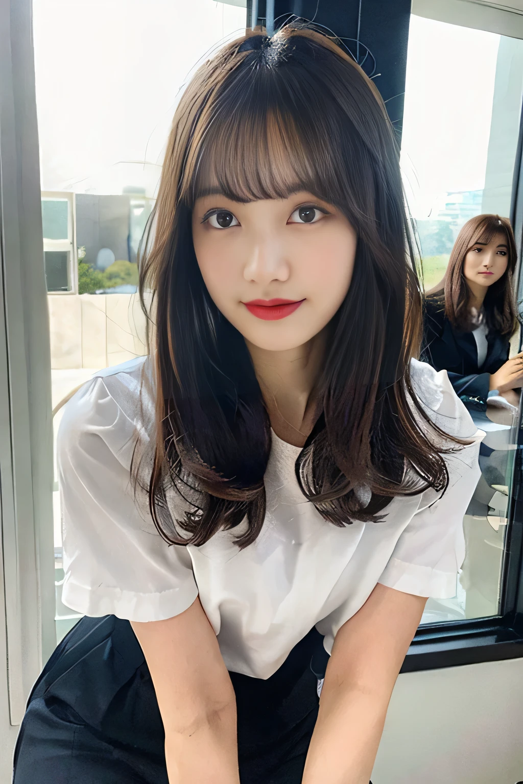 (8k, RAW Photos, highest quality, masterpiece:1.2), Super detailed, Ultra-high resolution, (Realistic, photo Realistic:1.37), Portraiture, High-definition RAW color photos, Professional photos, Very delicate and beautiful, Very detailed, 8k wallpaper, wonderful, In detail, Large file size, Official Art, Very detailed CG unity 8k wallpaper, Very detailed beautiful girl, Very detailed face, Very detailed eyes, Very detailed skin, Very detailed fingers, Very detailed nose, Very detailed mouth, Perfect Anatomy, Very detailed background, Very detailed clothing, One girl, (20-year-old:1.2), cute girl, celebrated, Japanese Idols, cute, Realistic body, Shiny skin, Good figure, Gray Hair, Medium Hair, (Blunt bangs:1.2), smile, cute, young, cute face, Realistic face, Beautiful and detailed eyes, Droopy eyes, (Office Suits, By the window :1.4),(From Bloomer) (hair ornaments:1.2), Facing forward, Kneel on the ground, Place your hands on your belongings, With a captivating gaze, Large Breasts, Large Breasts, Close-up shot, whole body, Beautiful feet, White shirt, skinny pants, Office Girl,