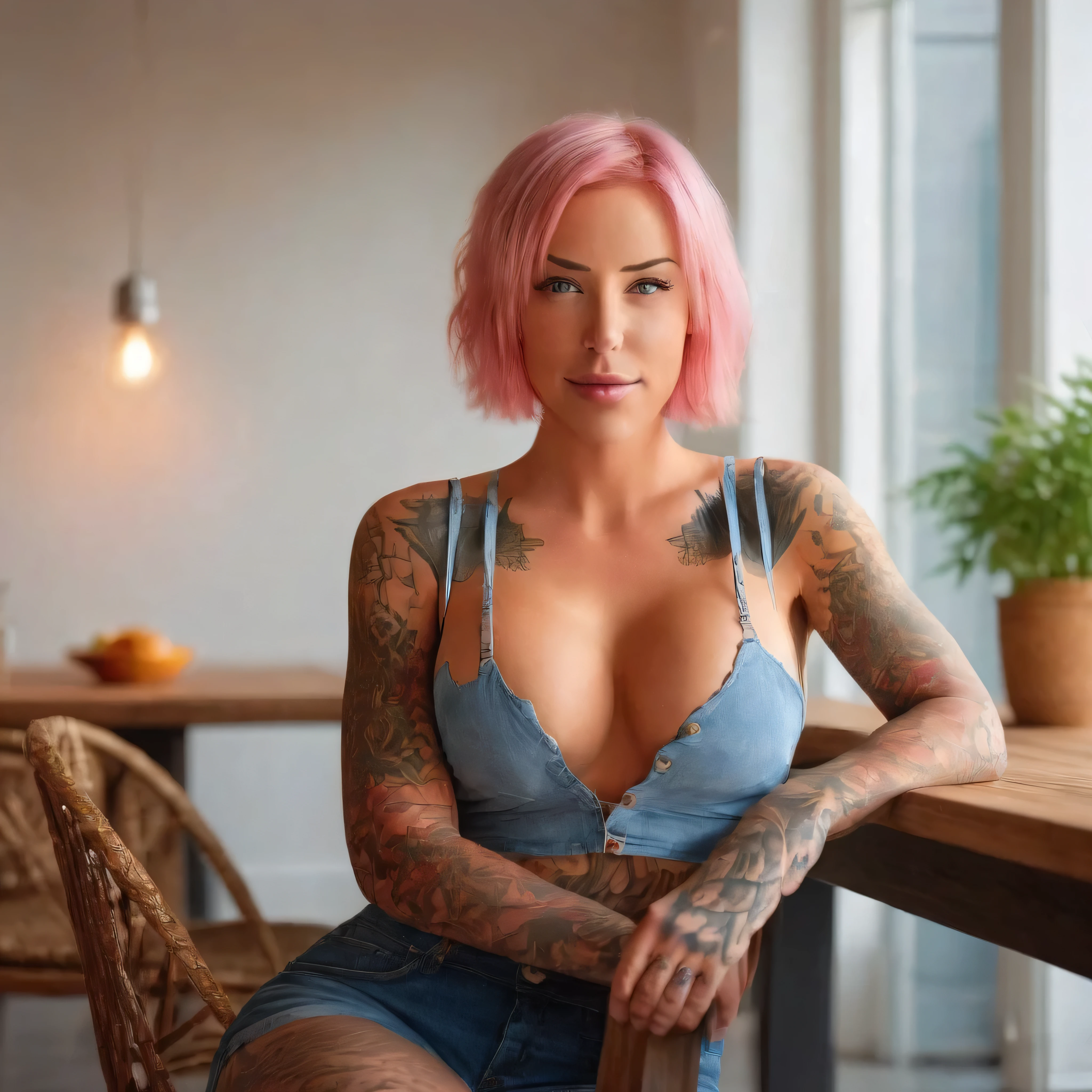 create a realistic 8K image of Laurence Bedard, the model, with short pink hair, she has blue eyes, dressed in denim shorts, and a coloured bra. She is seated at a dining table indoors, illuminated by subtle indoor lighting. Laurence is depicted with a calm expression, smiling gently and looking away from the viewer, evoking a serene and relaxed atmosphere.