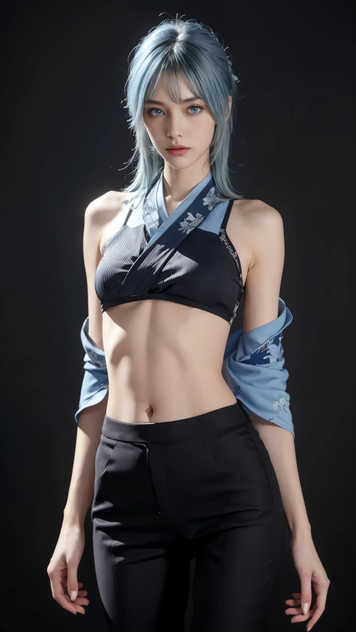 8K, Top Quality, Intricate Details, Ultra Detail, Ultra High Resolution, Masterpiece, close up shot, (full body: 1.1), Slender, Smile, (Makeup: 0.4), (Fluffy Blue Eyes: 1.21), (()), 1girl, solo, 1 girl, ((blue hair, bangs)), close up shot, , ((tall)), (((fit body))), (((slim face))), sharp face, (()) ,(detailed face), sharp face, small lips, , , ,
((, kimono, yukata)), , ((,)), detailed face, , Narrow Waist, Skinny, tall , 175 cm tall, Muscular, Navel, Exposed Abdomen, Pointed Chest,, Beautiful girl with accentuated slender abs: 1.4, Six Pack Abs: 1.4, Bust Botox, Big, Perfect Body, detail leg, (( dark background)), black background,