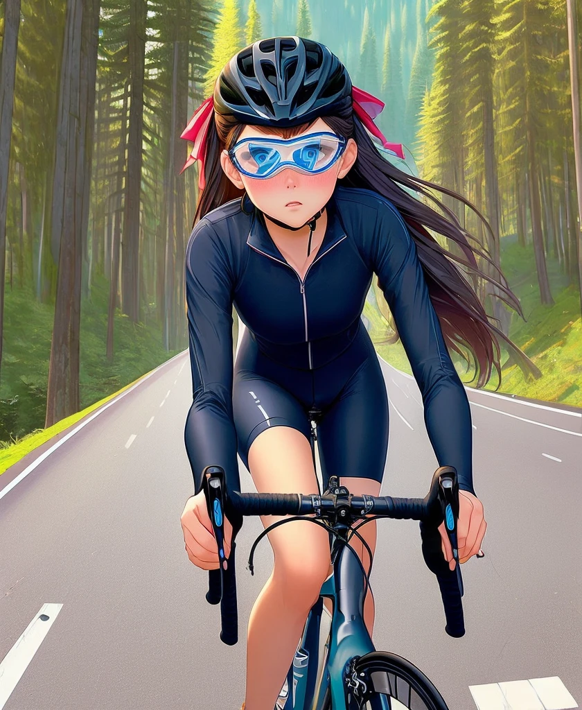 (((masterpiece))), (((best quality))), (((Ride a road bike))), downhill, steep slope, eye mask, earphone, Cycling shorts, wind, Speed line effect, alone, 1 girl, ribbon, long hair, Split, big , Shy. blush