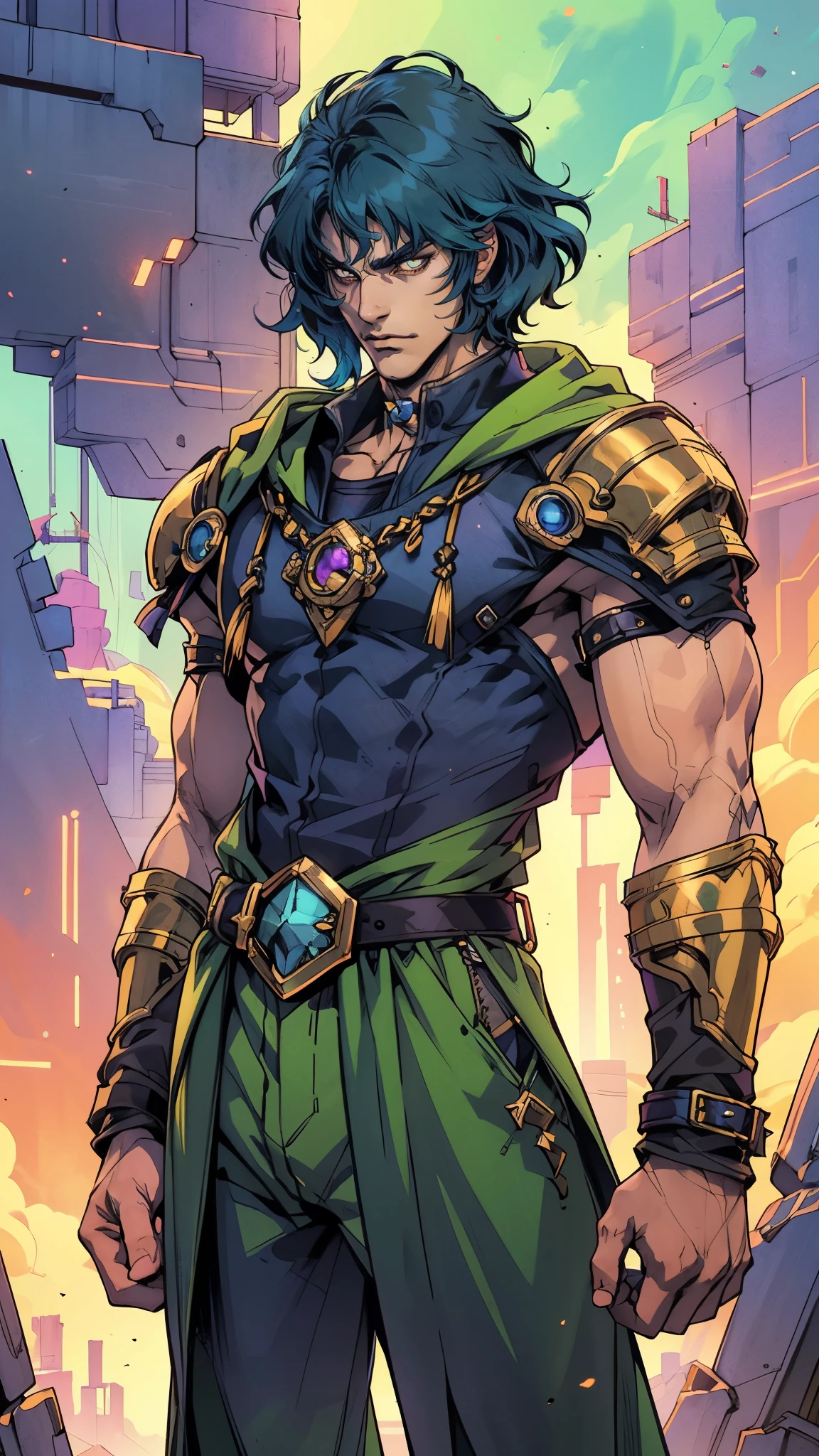 A man with short golden-blue hair, upward-flipped middle part bangs, handsome face, confident expression, golden eyes, he is hooded, a fantasy-style green-purple hooded coat, black undershirt, blue and white shoulder guards, wide cuffs, asymmetrical hem, a green belt buckle, dark blue trousers, his right hand resting behind his back and his left hand raised, stands before a majestic fantasy-style spatial portal, this character embodies a finely crafted fantasy-style sage in anime style, exquisite and mature manga art style, high definition, best quality, highres, ultra-detailed, ultra-fine painting, extremely delicate, professional, perfect body proportions, golden ratio, anatomically correct, symmetrical face, extremely detailed eyes and face, high quality eyes, creativity, RAW photo, UHD, 32k, Natural light, cinematic lighting, masterpiece-anatomy-perfect, masterpiece:1.5