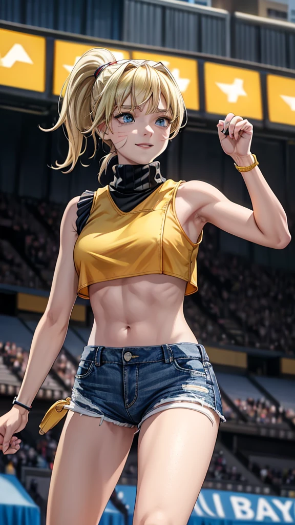 beautiful girl runner, 16 years old, Prepare to practice running, Lean over to tie your shoelaces..........................., Blond hair, Ponytail, bangs, Smile a little..........................., Wear glasses, ((Wear a sleeveless sports bar..........................., turtleneck, black and yellow shorts, (underboob))), The abdomen has sexy lines..........................., yellow running shoes, in the stadium stands, anime, high-res