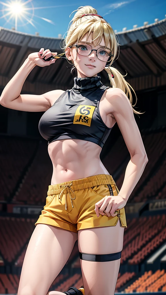 beautiful girl runner, 16 years old, Prepare to practice running, Lean over to tie your shoelaces..........................., Blond hair, Ponytail, bangs, Smile a little..........................., Wear glasses, ((Wear a sleeveless sports bar..........................., turtleneck, black and yellow shorts, (underboob))), The abdomen has sexy lines..........................., yellow running shoes, in the stadium stands, anime, high-res