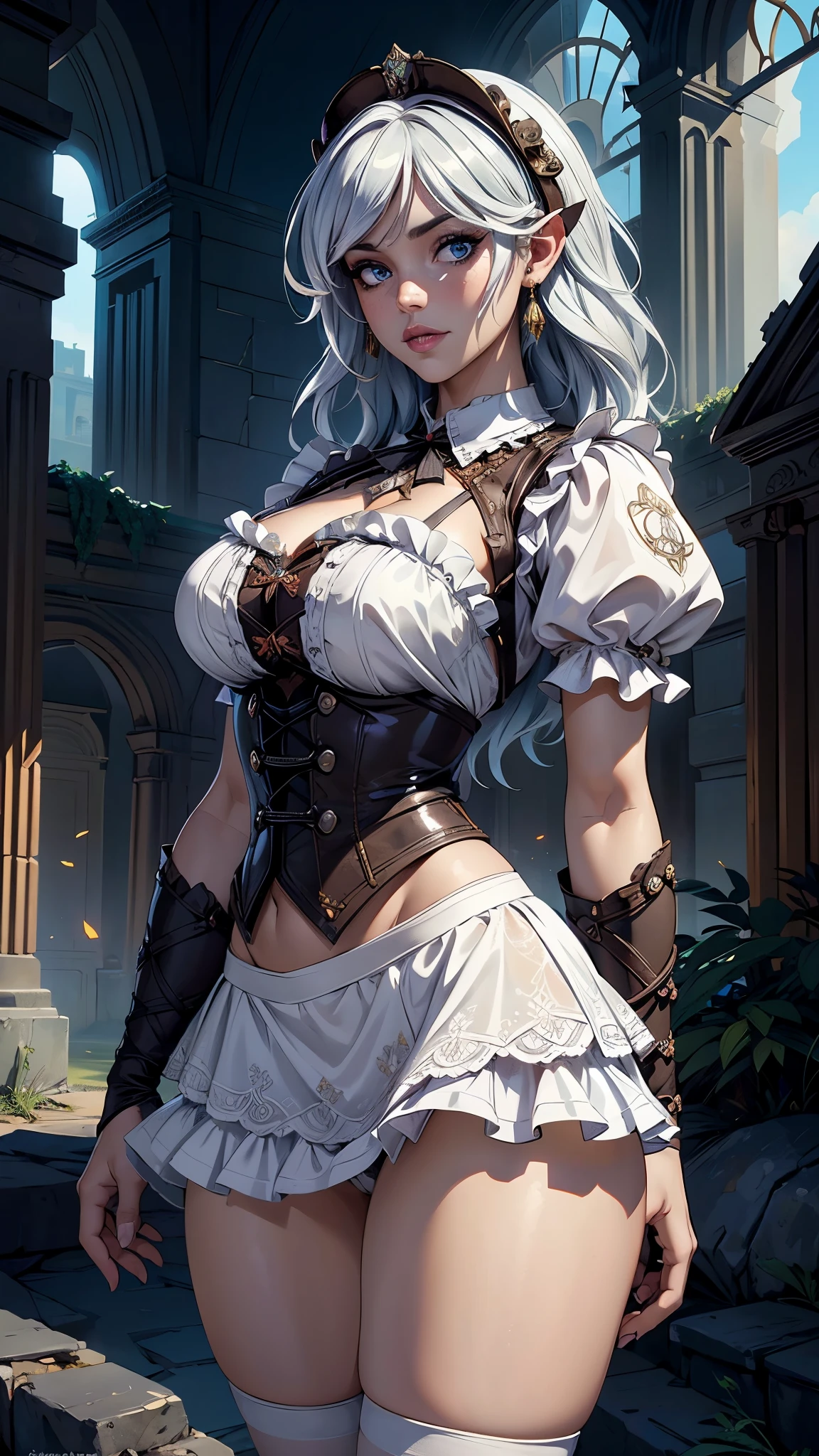 in the context of a fantastic steampunk city, (minifalda ta steampunk blanca :1.4) ,(miniskirt white Loliexy :1.4),(cabello largo white canoso :1.4), ojos expresivos, cara perfecta, dynamic scene, dynamic light, alta calidad, pintura digital, golden ratio, premiado, profesional, Muy detallado, intrincado, volumetric lighting, gorgeous, Obra maestra, Sharp focus, profundidad de campo, Motor irreal, perfect composition, arte digital en pixiv, art station, 32K, hdr, ,(Fondo de ruinas de mazmorra en ruinas:1.4 ), More detailed 8K.motor irreal:1.4,HD,La mejor calidad:1.4, fotorrealista:1.4, textura de la piel:1.4, obra maestra:1.8,obra maestra, mejor calidad,objeto Objeto], (rasgos faciales detallados:1.3),(Las proporciones correctas),(Ojos hermosos azules),  (pose vaquero), (mostrando panties :1.4) 