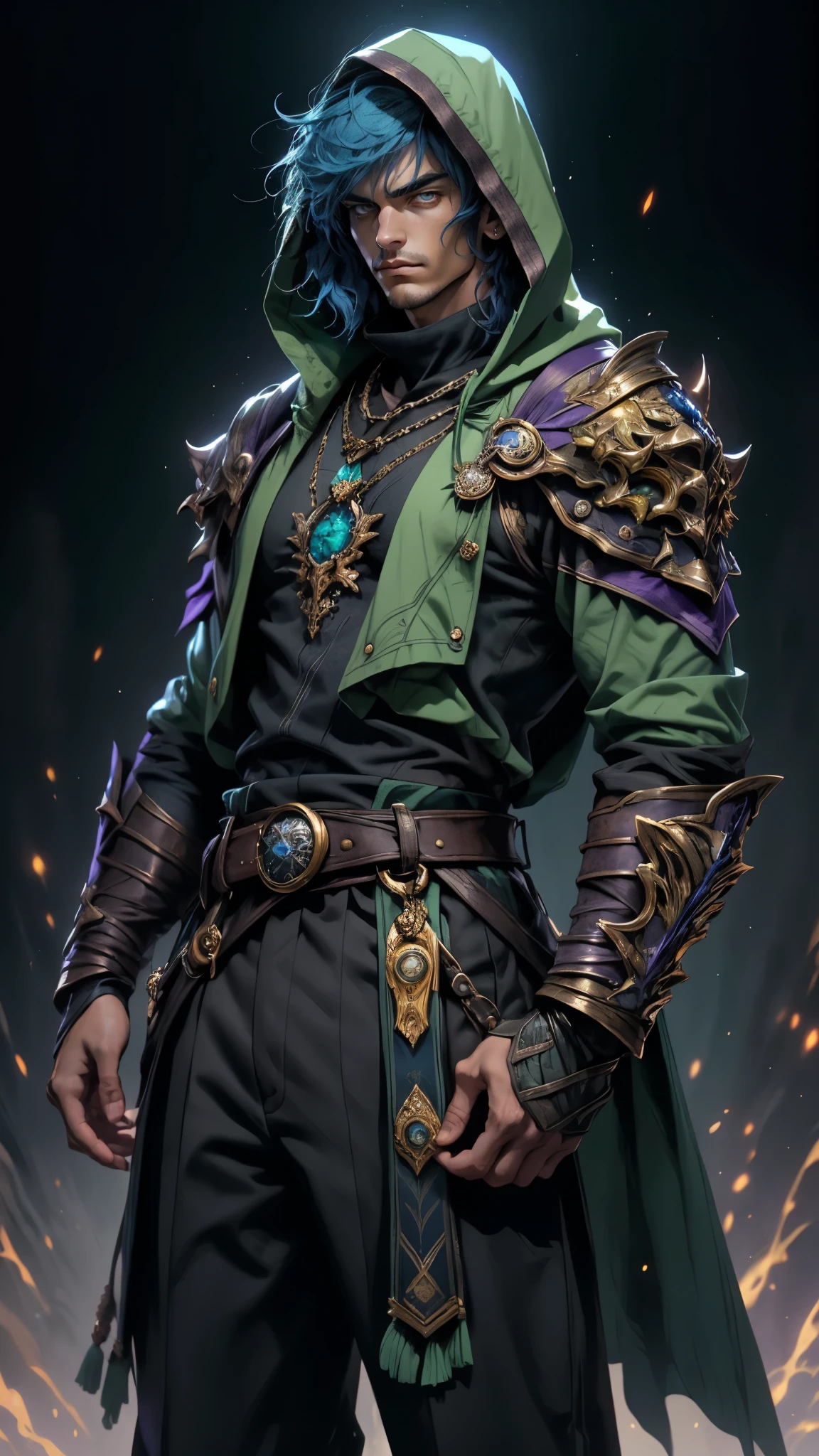 A man with short golden-blue hair, upward-flipped middle part bangs, handsome face, confident expression, golden eyes, he is hooded, a fantasy-style green-purple hooded coat, black undershirt, blue and white shoulder guards, wide cuffs, asymmetrical hem, a green belt buckle, dark blue trousers, his right hand resting behind his back and his left hand raised, stands before a majestic fantasy-style spatial portal, this character embodies a finely crafted fantasy-style sage in anime style, exquisite and mature manga art style, high definition, best quality, highres, ultra-detailed, ultra-fine painting, extremely delicate, professional, perfect body proportions, golden ratio, anatomically correct, symmetrical face, extremely detailed eyes and face, high quality eyes, creativity, RAW photo, UHD, 32k, Natural light, cinematic lighting, masterpiece-anatomy-perfect, masterpiece:1.5