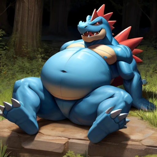 Pokemon Feraligatr, rape face, reclining, big belly, out of shape, gurgling