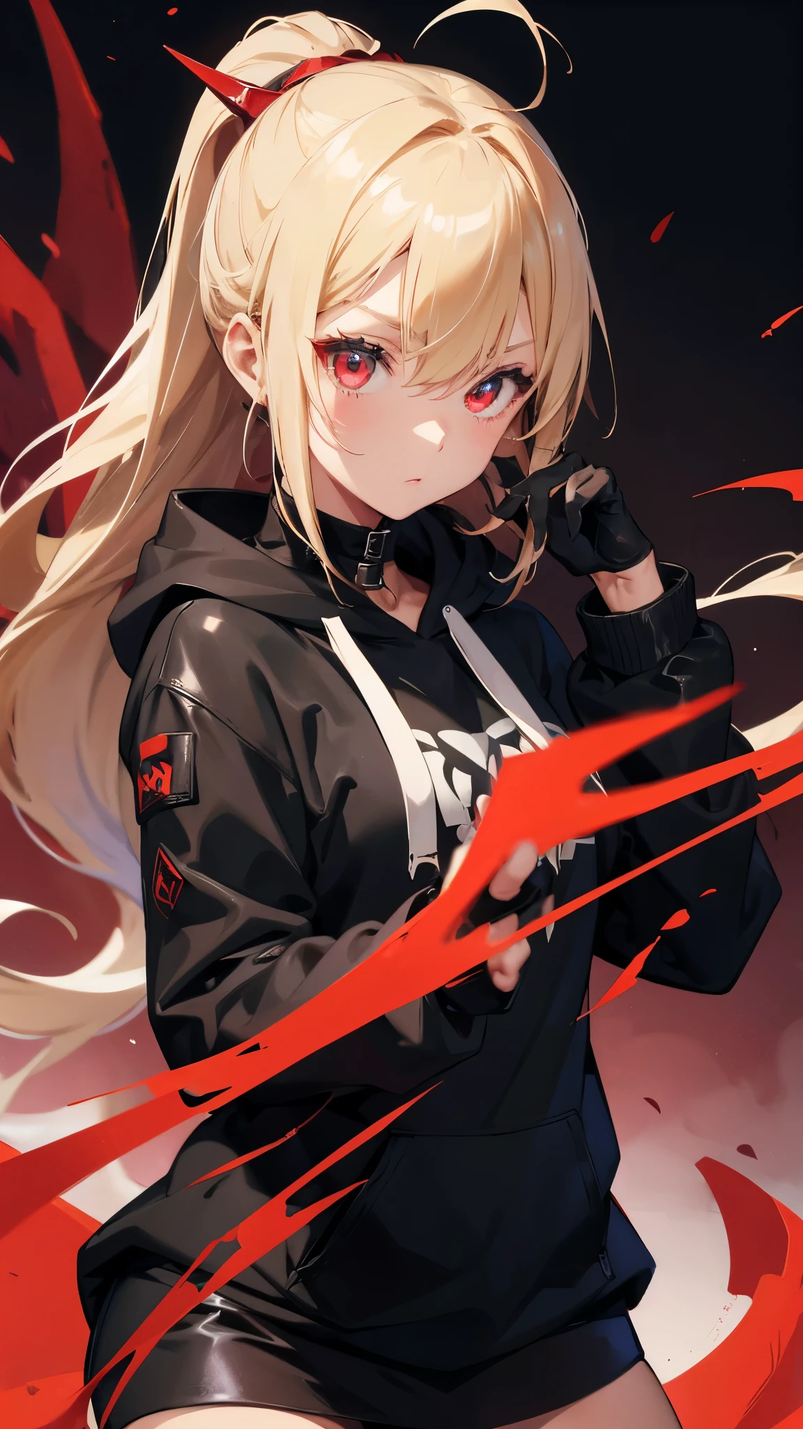 Girl wearing a hoodie、Wearing black leather gloves、Blonde ponytail、Ahoge、Beautiful red eyes、Devil&#39;s Clawass killings、killer、Slasher、psychopath、Highly detailed face、Ultra-detailed illustrations、Raw photo