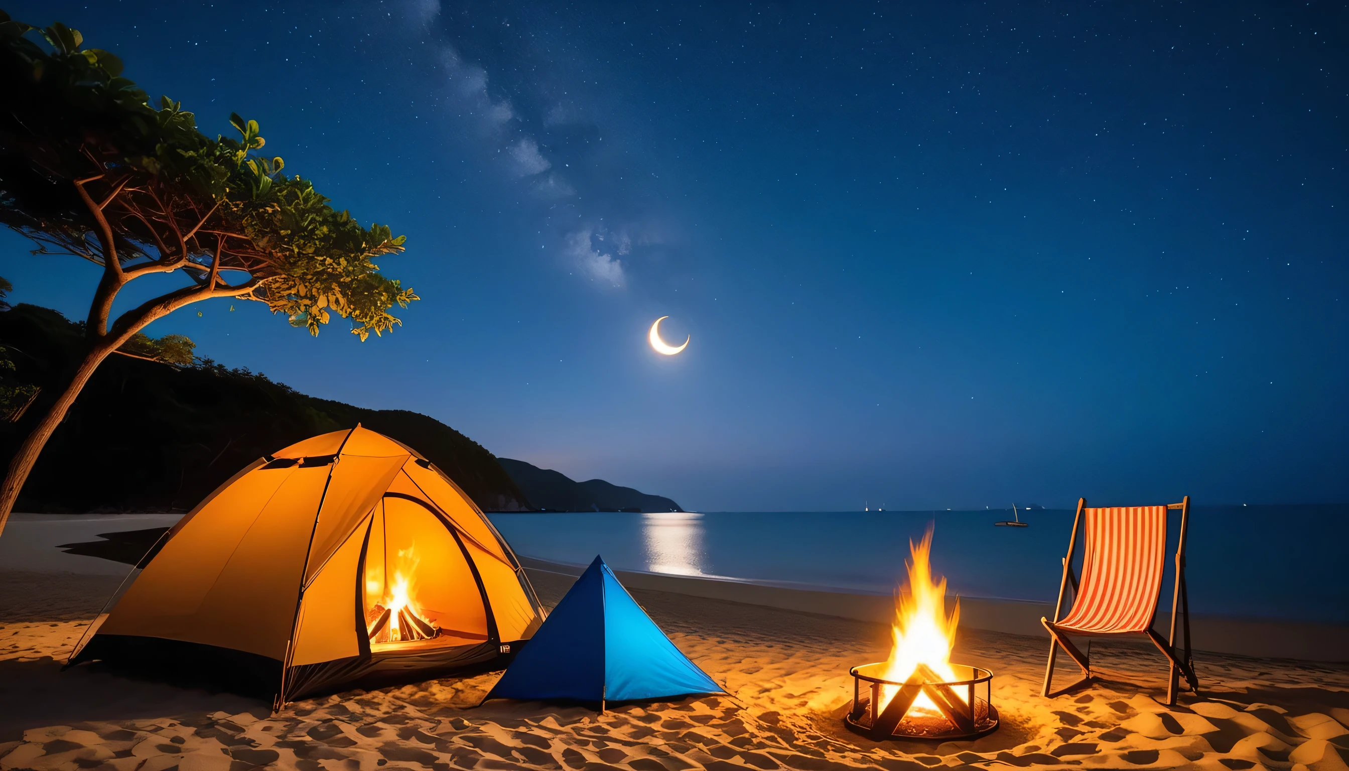 High fidelity Photograph、beach campsite、bonfire、beautiful sandy beach、The crescent moon is beautiful、tent、unburned bonfire、Grill、deck chair、starry、Quiet place、beautful view、lamplight、there was no one。