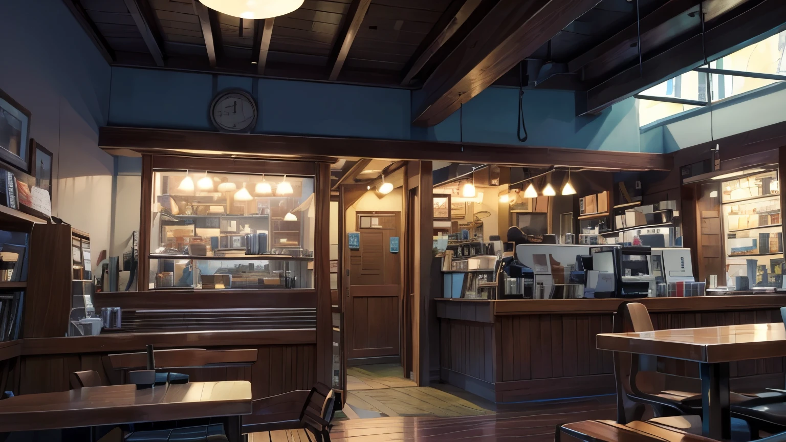 A magical scene of a small coffee shop on a rainy afternoon, capturada por Makoto Shinkai, Soft color palette that enhances the atmosphere, lofi music adding a unique sound layer, atmosphere of serenity and conviviality (melhor qualidade), 8k resolution), (ultra highres).