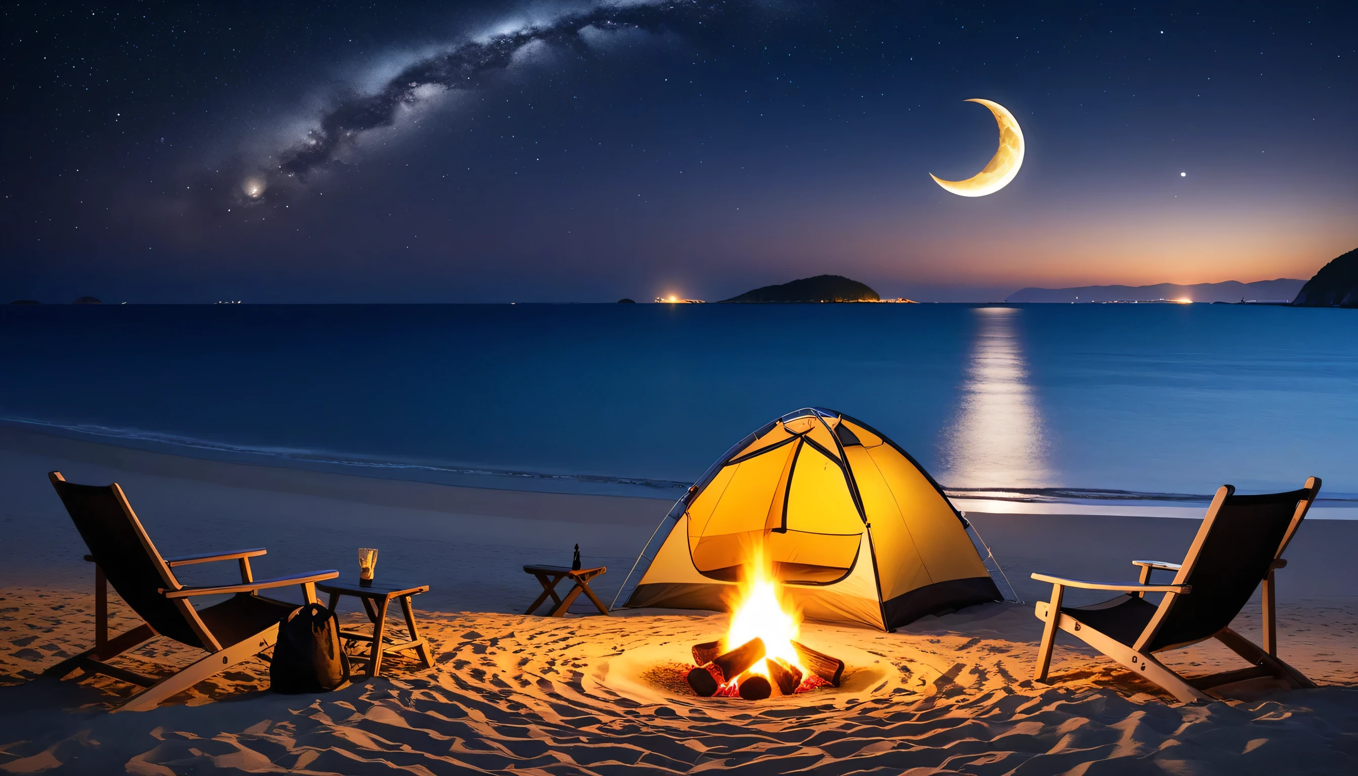 High fidelity Photograph、beach campsite、bonfire、beautiful sandy beach、The crescent moon is beautiful、tent、unburned bonfire、Grill、deck chair、starry、Quiet place、beautful view、lamplight、there was no one。