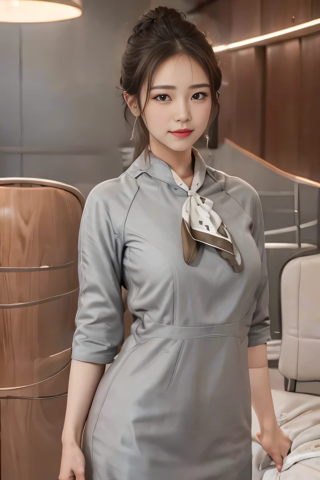 Starlux Airlines silver short sleeve uniform、Earrings、Captivating look、Long hair updo、Evening updo、Young Asian Woman