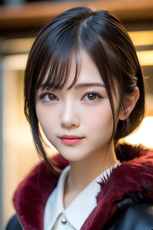 Tabletop, highest quality, shape, Very detailed, finely, High resolution, 8k wallpaper, Dynamic composition, Beautiful and detailed, Tokyo Trends冬ファッション,Tokyo Trends&Random Cute Hairstyles, Small breasts, Natural color lip, Random Idol Pose,Cute Smile,20-year-old girl、Beautiful and elaborate face、Perfect and beautiful face,Big eyes、Wear a fluffy black outerwear with fur、Beautiful and elaborate face、Perfect and beautiful double eyelids、Blur the background、Perfect and beautiful face、Feminine poses、Blur the background、Slim face and figure、Blur the background