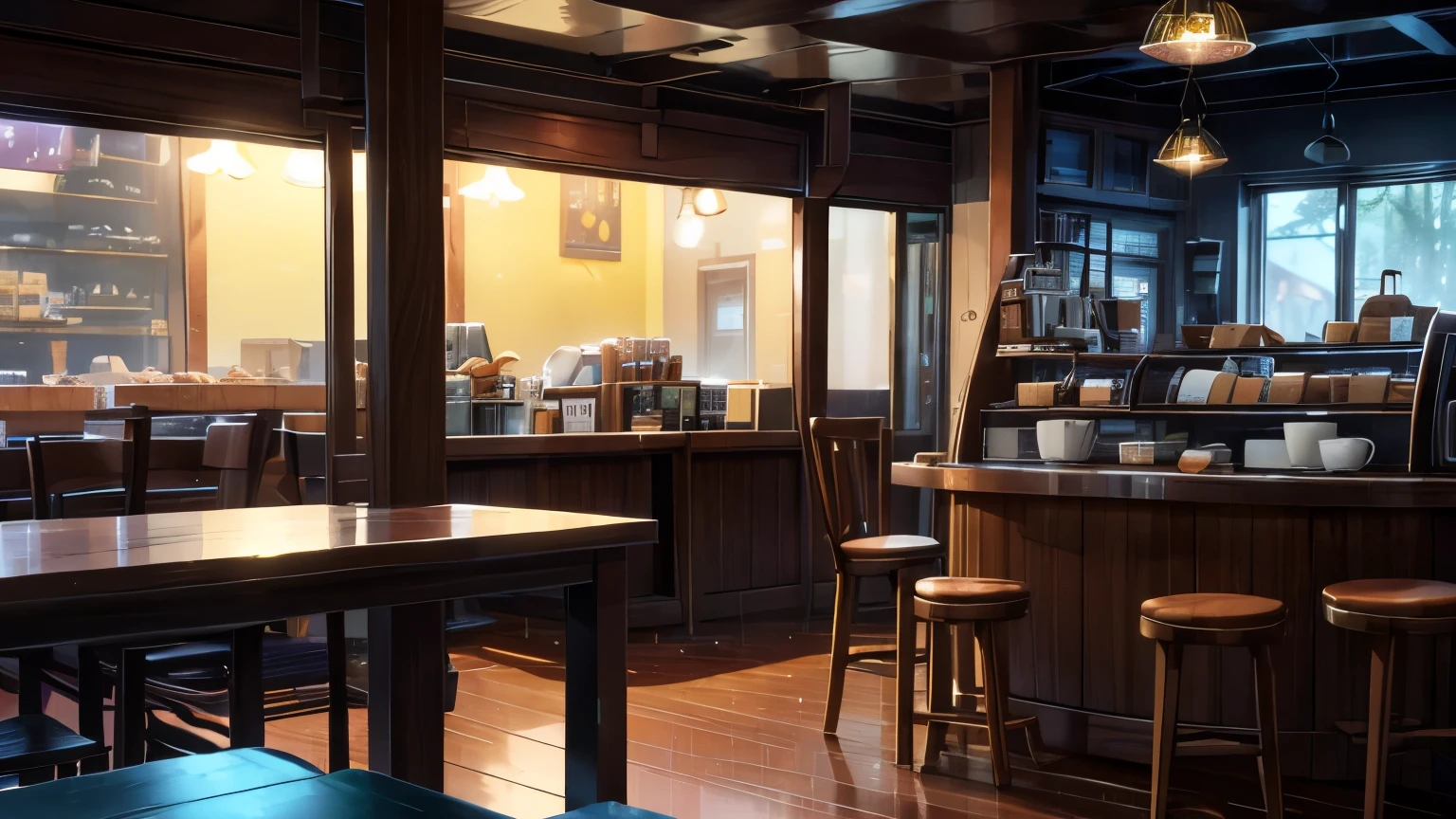 A magical scene of a small coffee shop on a rainy afternoon, capturada por Makoto Shinkai, Soft color palette that enhances the atmosphere, lofi music adding a unique sound layer, atmosphere of serenity and conviviality (melhor qualidade), 8k resolution), (ultra highres).