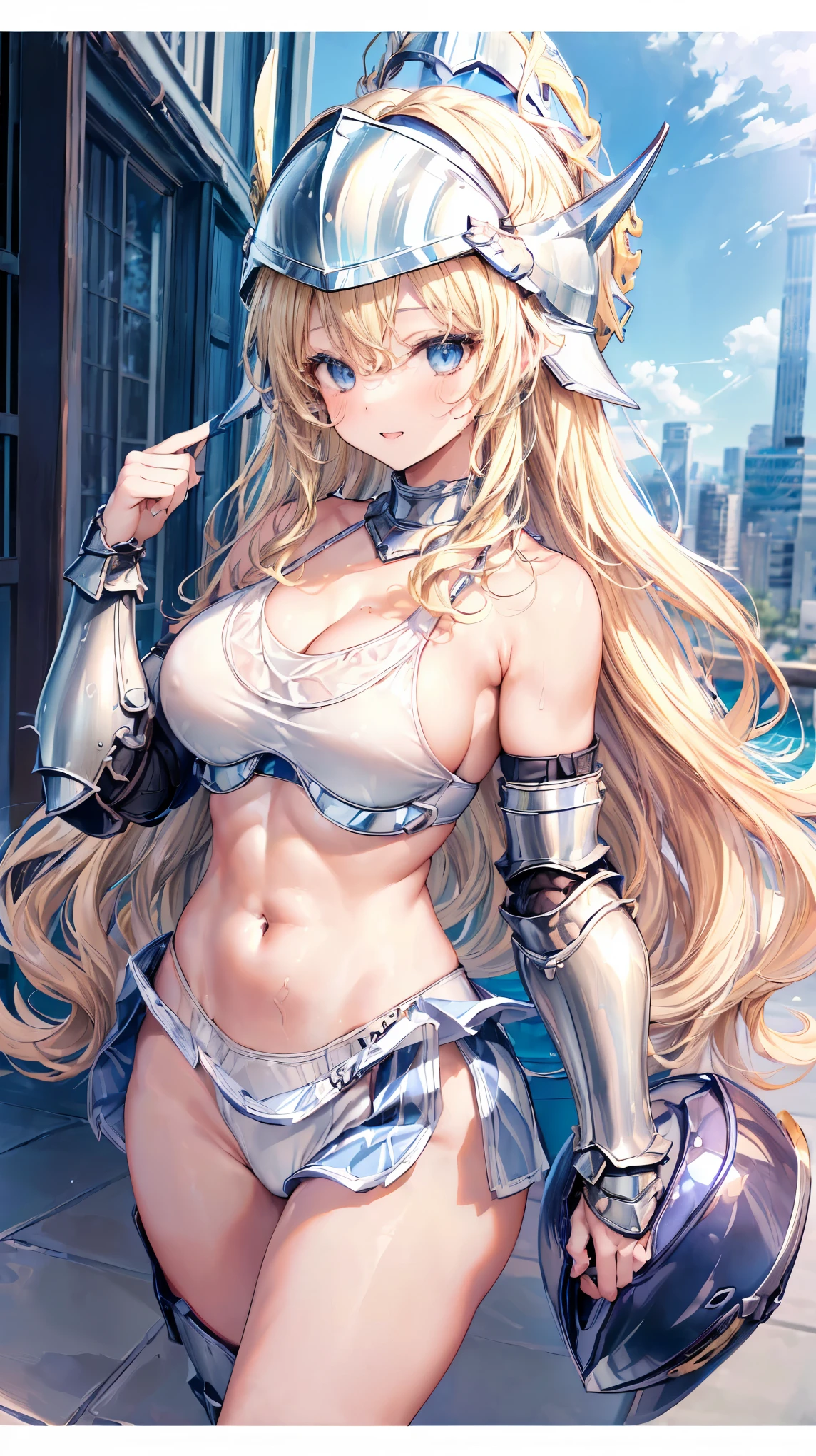 (Adult women:1.5)、Very detailed、highest quality、Best image quality、masterpiece、8k、Anime Face、A kind smile、Open your mouth、Sparkling blue eyes、(Blonde Wavy Hair:1.5)、、Muscles of the whole body、camisole、Thigh belt、mini skirt、(Wearing white bikini armor:1.5)、(Cowboy Shot:1.5)、(Leg armor:1.5)、(Wearing a helmet:1.5)