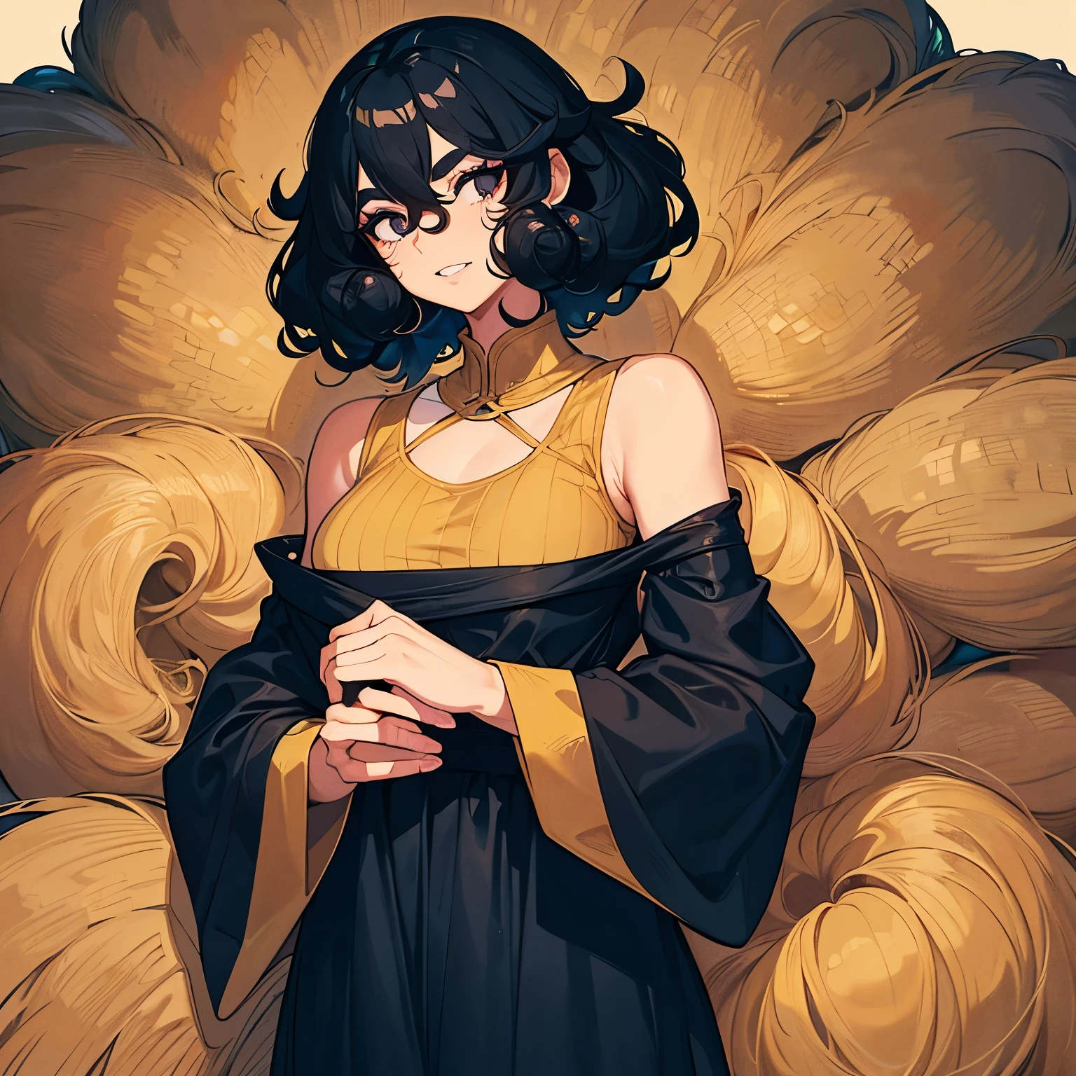 One woman, shoulder length hair, curly hair, black hair, tan skin, thick eyebrows, black eyes, long lashes, full lips, , gap in teeth, modest clothing, long eyelashes