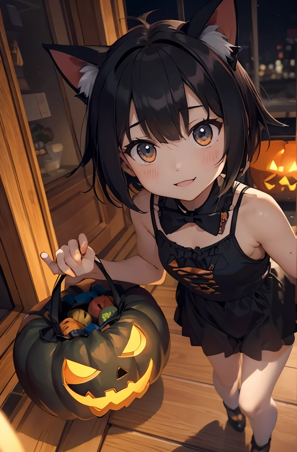 junkotvv disfraz de gato Hallowe&#39;en night, Noche oscura, Dark day, sosteniendo una bolsa de calabaza, cabello largo con flequillo color negro (Ojos rojos), pedir dulce o truco, Hallowe&#39;en costume, queriendo dulces, mirando hacia arriba inocentemente, queriendo dulces at your house door, Hallowe&#39;en street in the background, disfraz de gato, mirando al espectador, standing at door queriendo dulces, Hallowe&#39;en night, Hallowe&#39;en, Hallowe&#39;en, Hallowe&#39;en, Nueva York, disfraz de gato, Hallowe&#39;en costume,