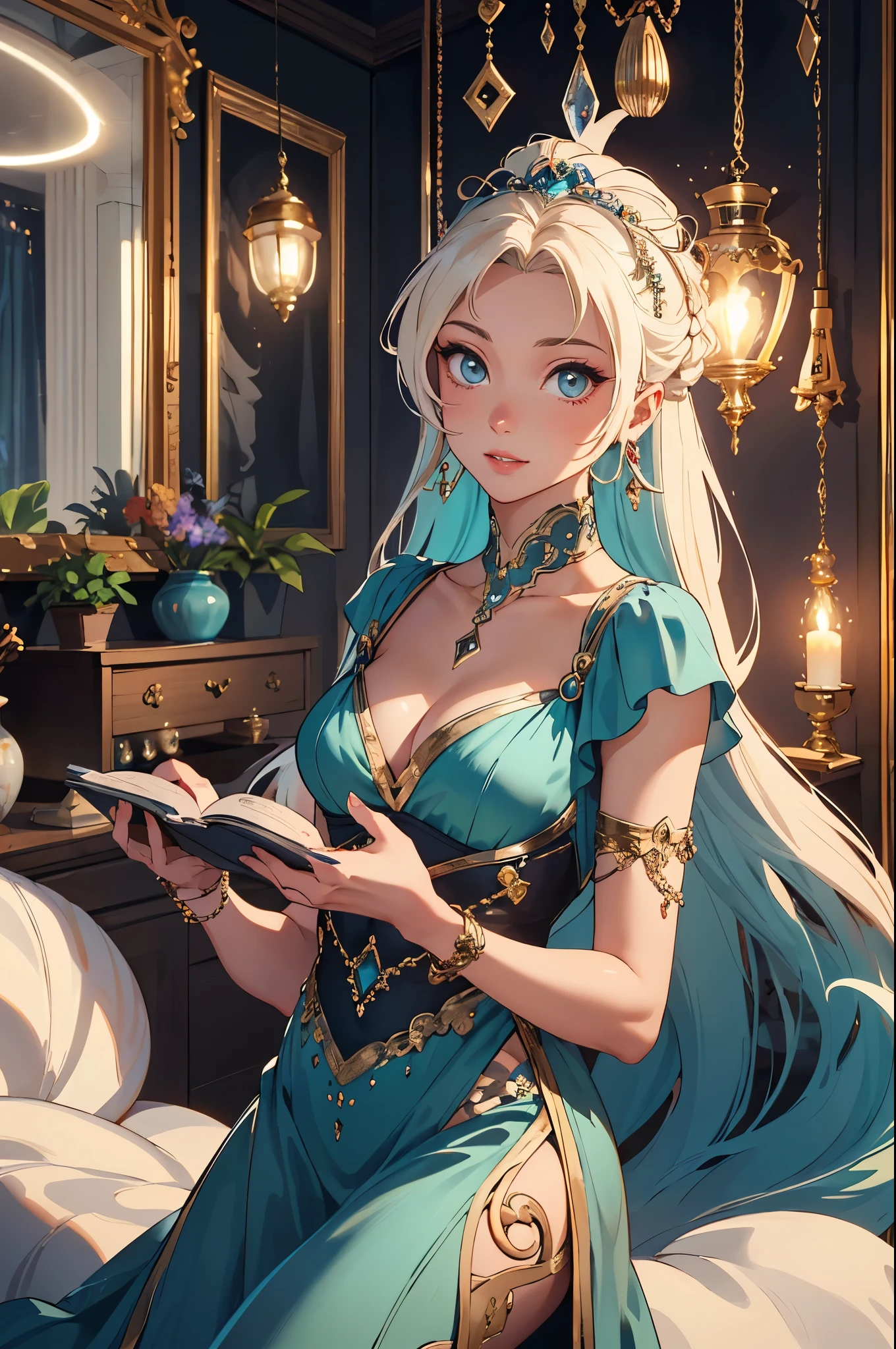 (best quality,4k,highres,masterpiece:1.2),ultra-detailed,realistic:1.37,a genie,flamboyant,alluring,tantalizing,Paris Hilton:1.1(age 25)
dressed in breathtaking,glamorous,elegant clothing,stylish attire,lounge,relaxing,modern modest apartment.
The apartment is tastefully decorated with contemporary furniture and vibrant colors. The walls are adorned with stunning artwork, adding to the luxurious atmosphere.
The genie, with mesmerizing expressive eyes and plump luscious lips, exudes an irresistible charm. Her flawless complexion radiates a warm glow, enhancing her enchanting presence.
She confidently engages with the viewer, flirting playfully, her body language suggesting a teasing invitation. Her long flowing hair cascades around her shoulders, adding to her allure.
The room is bathed in soft, ethereal lighting, combining natural sunlight and carefully placed artificial lights. The lighting accentuates the genie's features, casting a mesmerizing glow on her face.
Color palette is vibrant and rich, with a mix of deep jewel tones and pops of metallic accents. The ambiance exudes opulence, with a touch of mystery.
As the viewer gazes at the genie, they can't help but feel a sense of intrigue and desire, captivated by her magnetic presence. The scene is imbued with an air of anticipation and adventure.
The prompt paints a vivid picture, bringing to life the genie's alluring persona in a modern and luxurious setting.