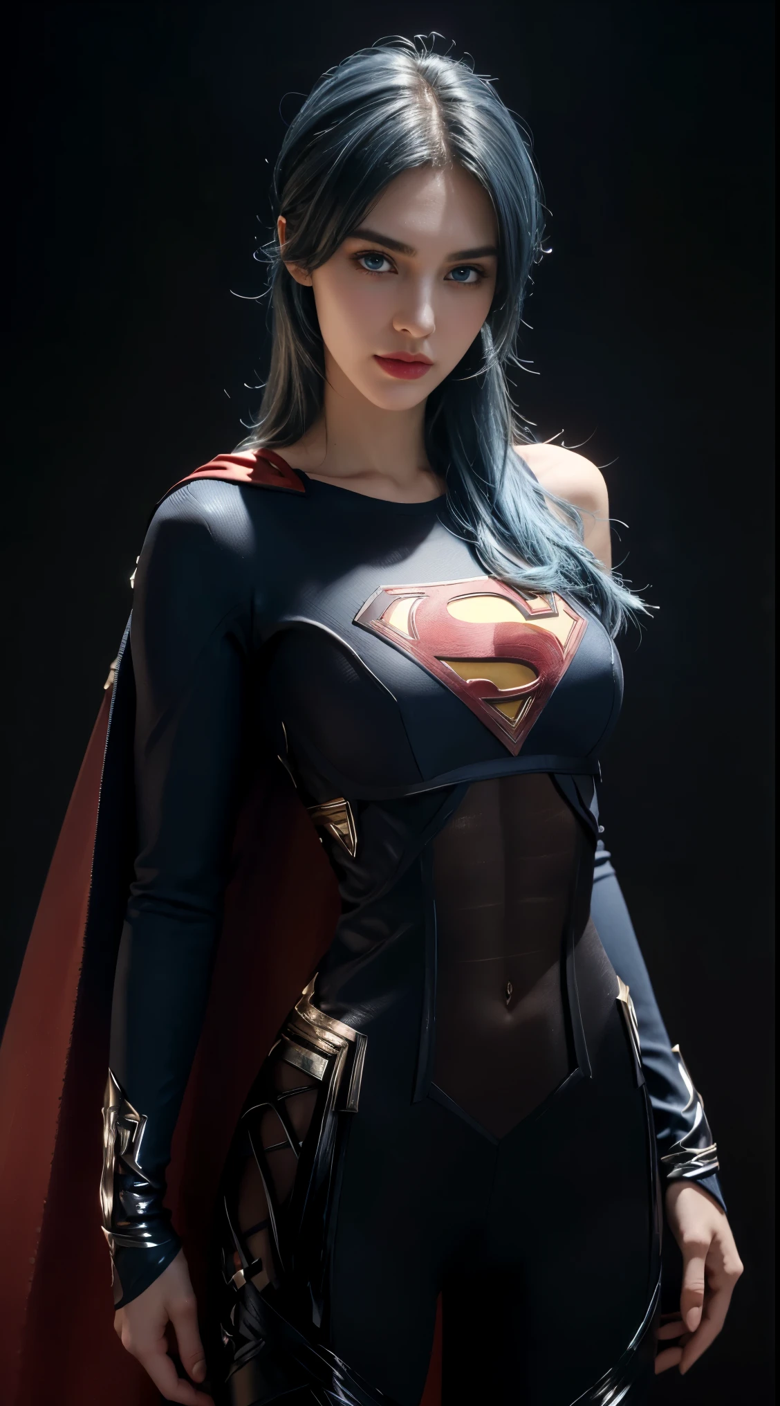 8K, Top Quality, Intricate Details, Ultra Detail, Ultra High Resolution, Masterpiece, close up shot, (full body: 1.1), Slender, Smile, (Makeup: 0.4), (Fluffy Blue Eyes: 1.21), (()), 1girl, solo, 1 girl, ((blue hair, bangs)), close up shot, , ((tall)), (((fit body))), (((slim face))), sharp face, (()) ,(detailed face), sharp face, small lips, , , ,
((, )), , ((superman)), detailed face, , Narrow Waist, Skinny, tall , 175 cm tall, Muscular, Navel, Exposed Abdomen, Pointed Chest,, Beautiful girl with accentuated slender abs: 1.4, Six Pack Abs: 1.4, Bust Botox, Big, Perfect Body, detail leg, (( dark background)), black background,