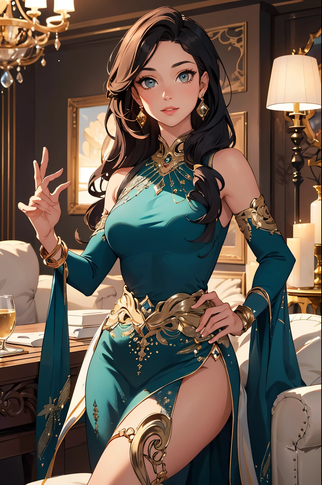 (best quality,4k,highres,masterpiece:1.2),ultra-detailed,realistic:1.37,a genie,flamboyant,alluring,tantalizing,Paris Hilton:1.1(age 25)
dressed in breathtaking,glamorous,elegant clothing,stylish attire,lounge,relaxing,modern modest apartment.
The apartment is tastefully decorated with contemporary furniture and vibrant colors. The walls are adorned with stunning artwork, adding to the luxurious atmosphere.
The genie, with mesmerizing expressive eyes and plump luscious lips, exudes an irresistible charm. Her flawless complexion radiates a warm glow, enhancing her enchanting presence.
She confidently engages with the viewer, flirting playfully, her body language suggesting a teasing invitation. Her long flowing hair cascades around her shoulders, adding to her allure.
The room is bathed in soft, ethereal lighting, combining natural sunlight and carefully placed artificial lights. The lighting accentuates the genie's features, casting a mesmerizing glow on her face.
Color palette is vibrant and rich, with a mix of deep jewel tones and pops of metallic accents. The ambiance exudes opulence, with a touch of mystery.
As the viewer gazes at the genie, they can't help but feel a sense of intrigue and desire, captivated by her magnetic presence. The scene is imbued with an air of anticipation and adventure.
The prompt paints a vivid picture, bringing to life the genie's alluring persona in a modern and luxurious setting.