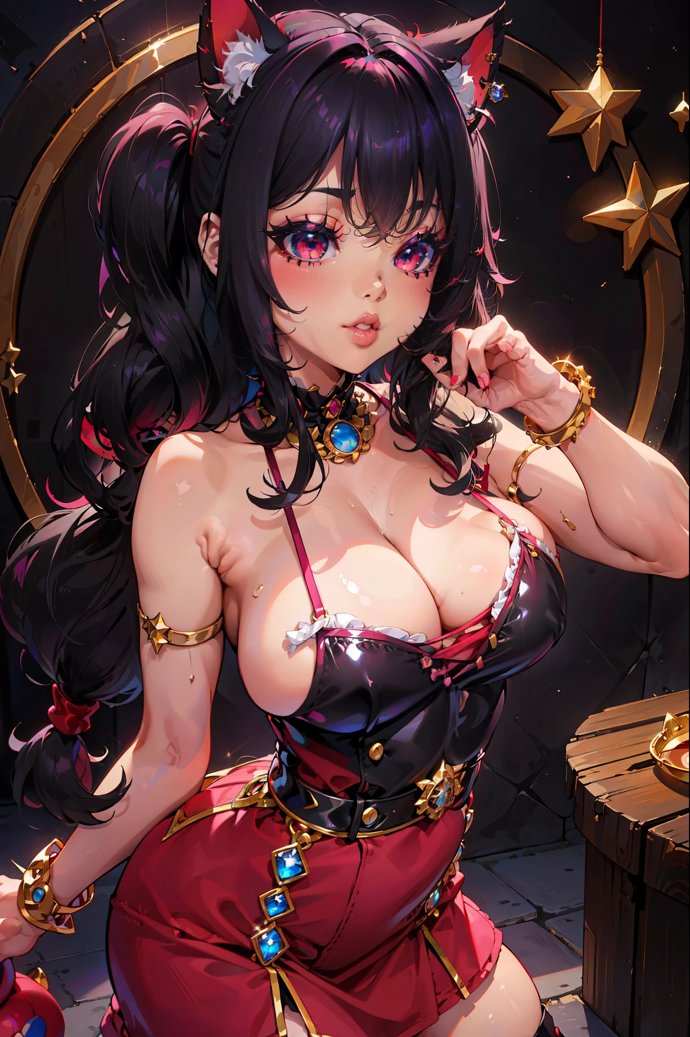 junkotvv, rubor, sonrisa aura brillante, Luz natural, Obra maestra, piel brillante, labios jugosos , ,sexy, caliente, , escote, demonio,labios jugosos, bimbo, reloj de arena, pelo largo with black pigtails and cute cat ears, Ojos muy abiertos, ojos rojos, masivo , dark lighting, pelo largo, arco Rosa, zapatos de plataforma, lazo en el pelo, gafas redondas doradas, pelo rubio arena, labios jugosos, cowboy scaliente, ((arco Rosa)), vestido, colmillos, liguero, coletas negras con orejas de gato