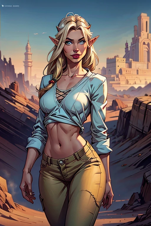 ((best quality)), ((artwork)), ((realistic)), ((best quality)), ((artwork)), ((realistic)), female elf, walking in the desert, looking tired, wear loose clothing Long-sleeved shirts and pants(medieal style), headgear, sunglasses, very handsome, in a natural and casual style at eye level, Scenic, work of art, (high resolution), original, extremely detailed 8K, (photorealistic: 1.4), flawless face, perfect eyes, symmetrical body shape, smile, female elf