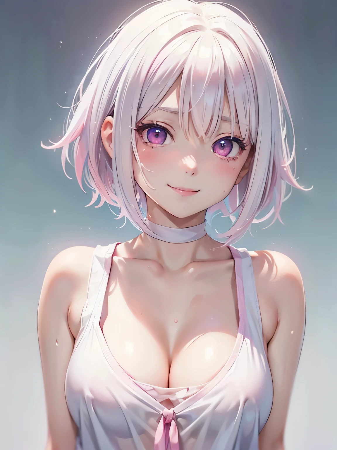 White hair. Short hair. Inner pink hair. Anime girl. Pink eyes. Glowing eyes. Nekomimi. Smiling. Tanktop. Wet armpit. Small . Cleava