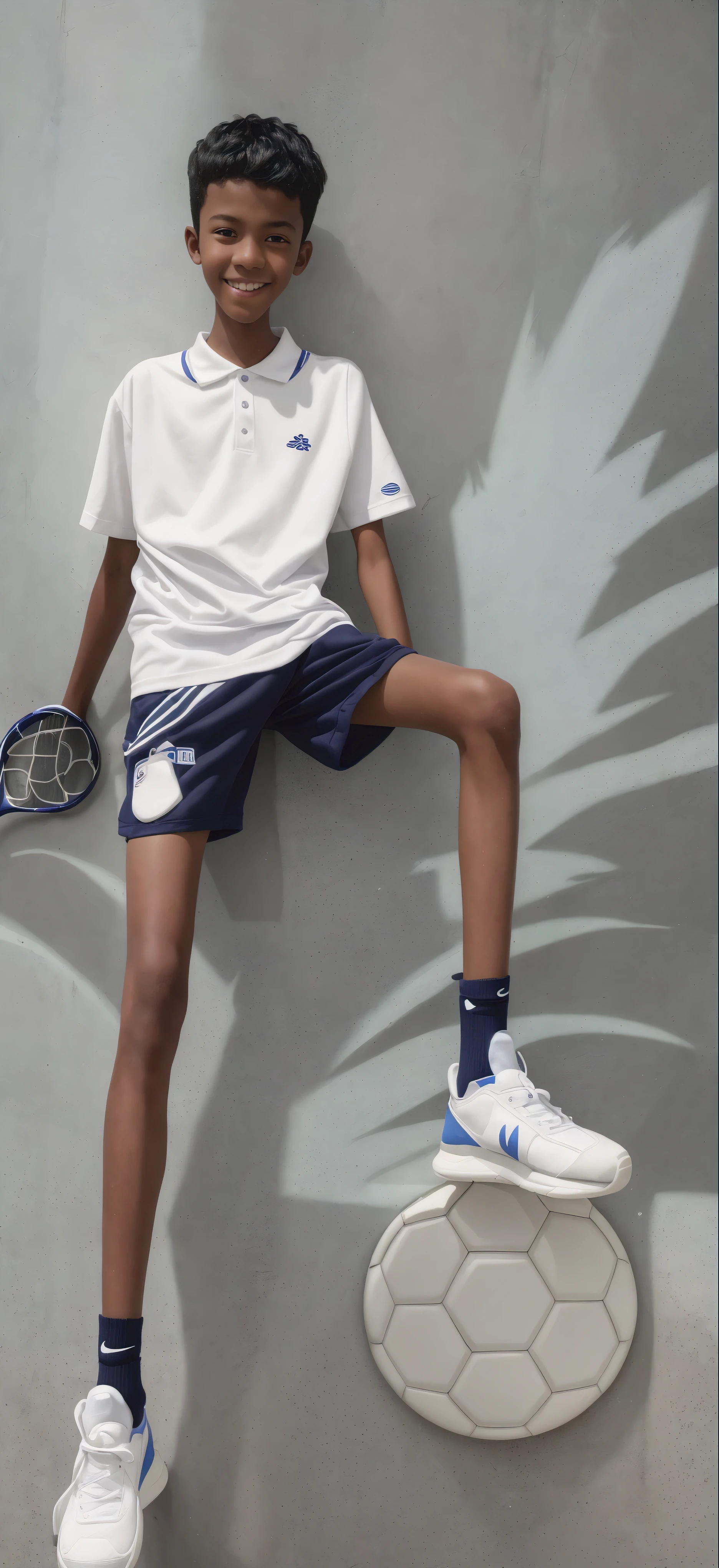  boy，（Wearing tennis clothes，Wear white socks on your feet），Dark skin，Big round eyes，Very short hair，Tall and skinny，Toothy Smile，Sharpen details，knee